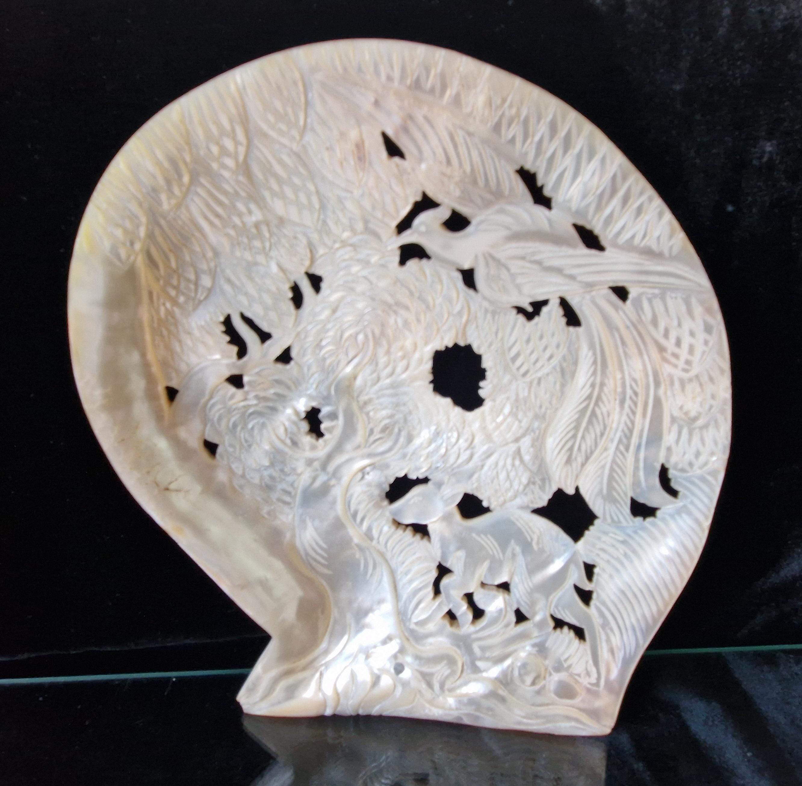 Vintage Chinese Carved Large Mother Of Pearl Shell Animal Birds Forest Scene