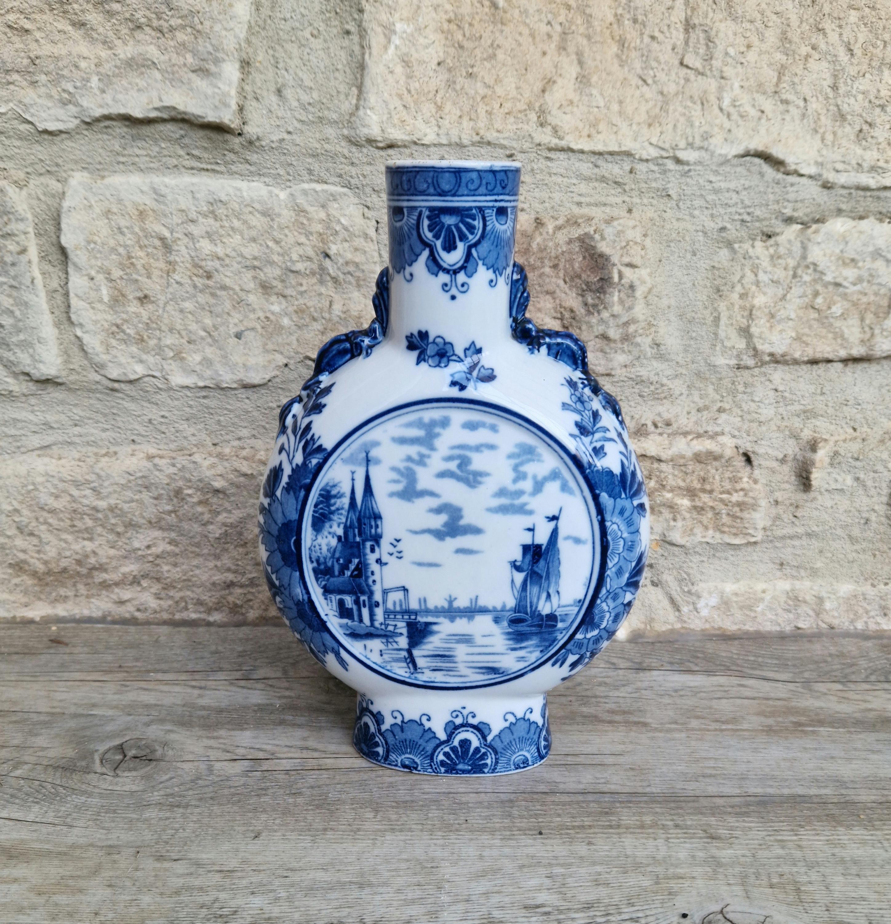 Vintage Dutch Delft Pottery Blue & White Moon Flask Vase River Scene 23cm