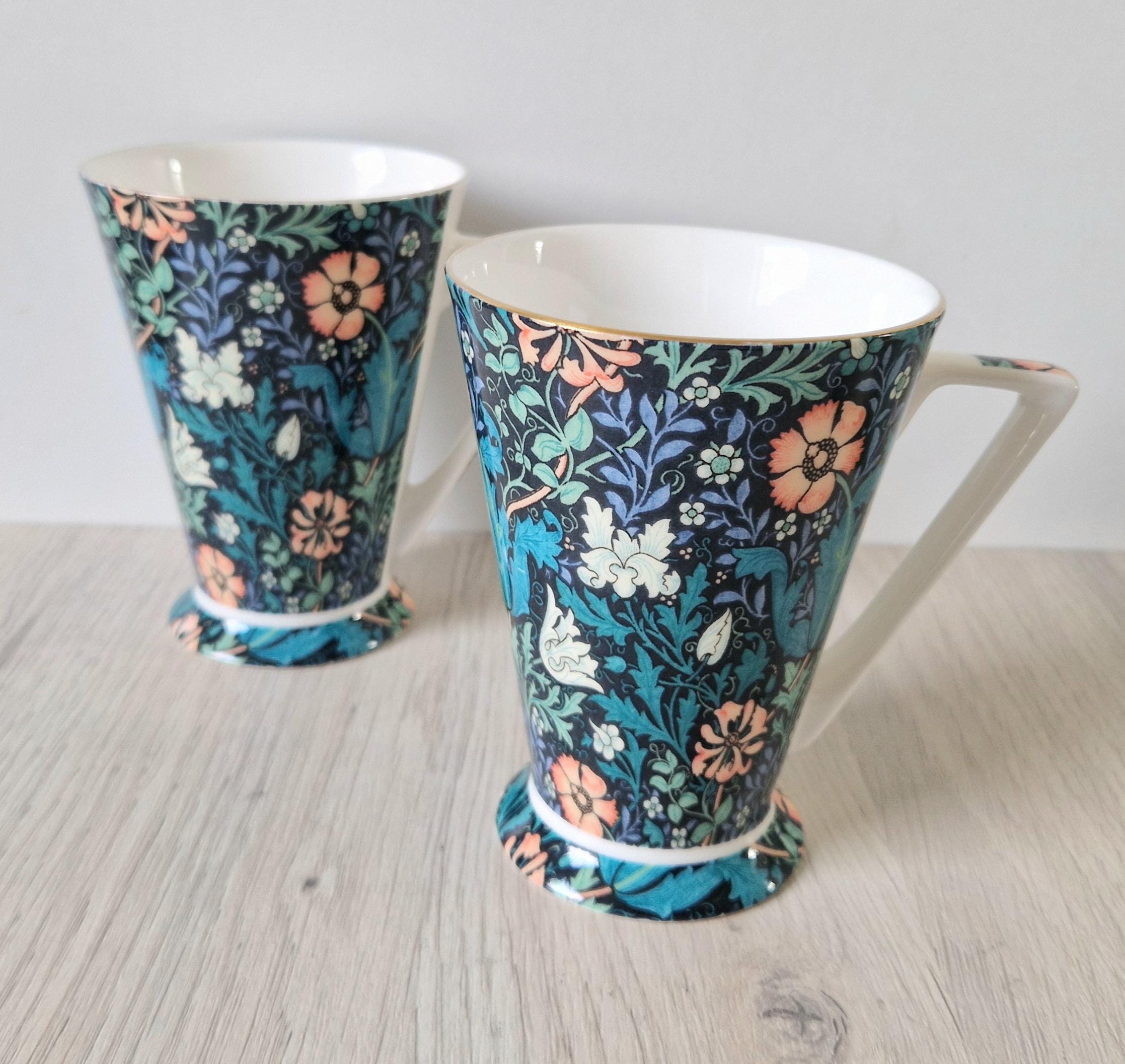 2 x Morris & Co Queens Compton Floral Art Deco Footed Bone China Coffee Mugs