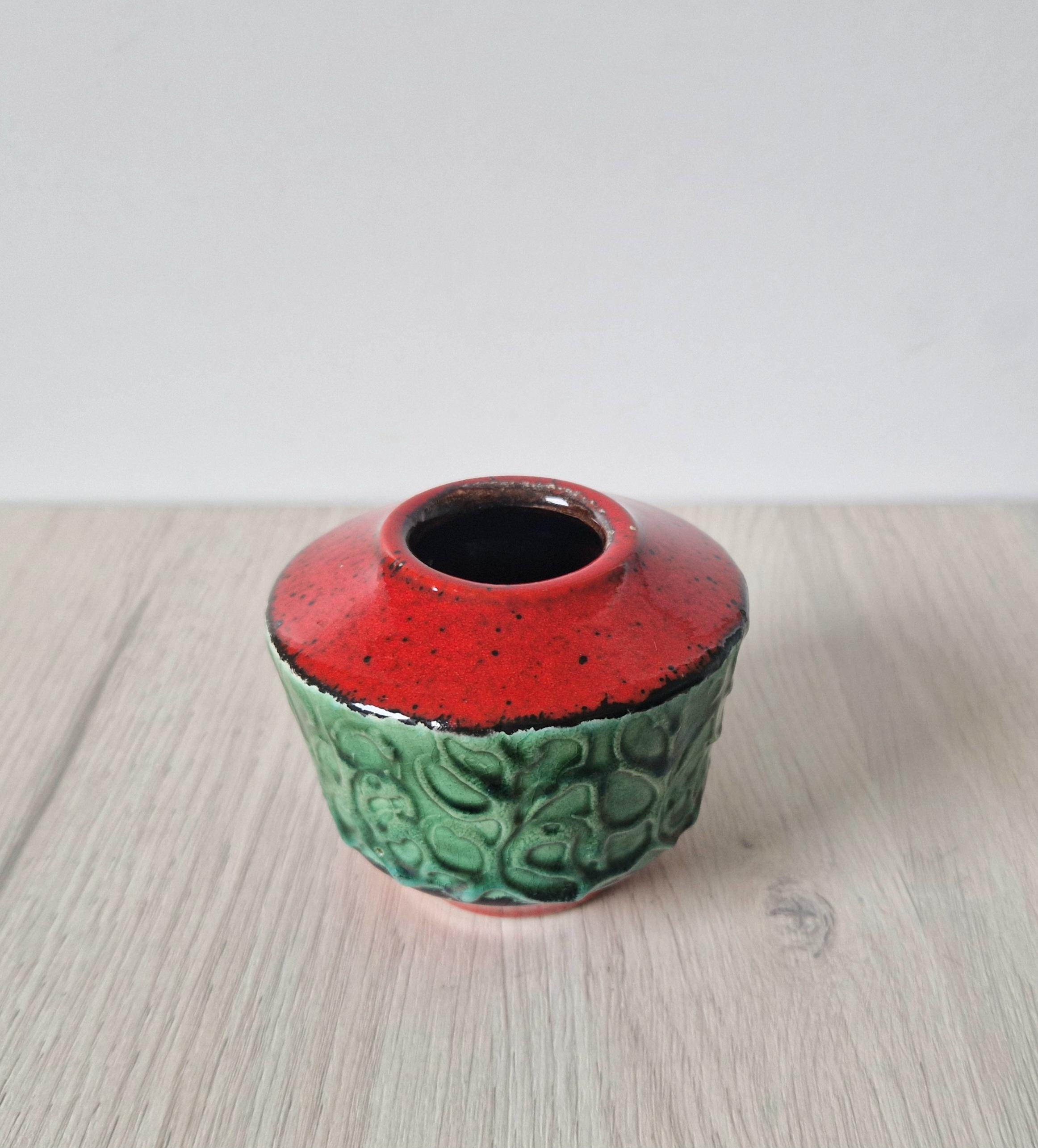 Mid-Century West German Green & Red Squat Fat Lava Vase 8cm