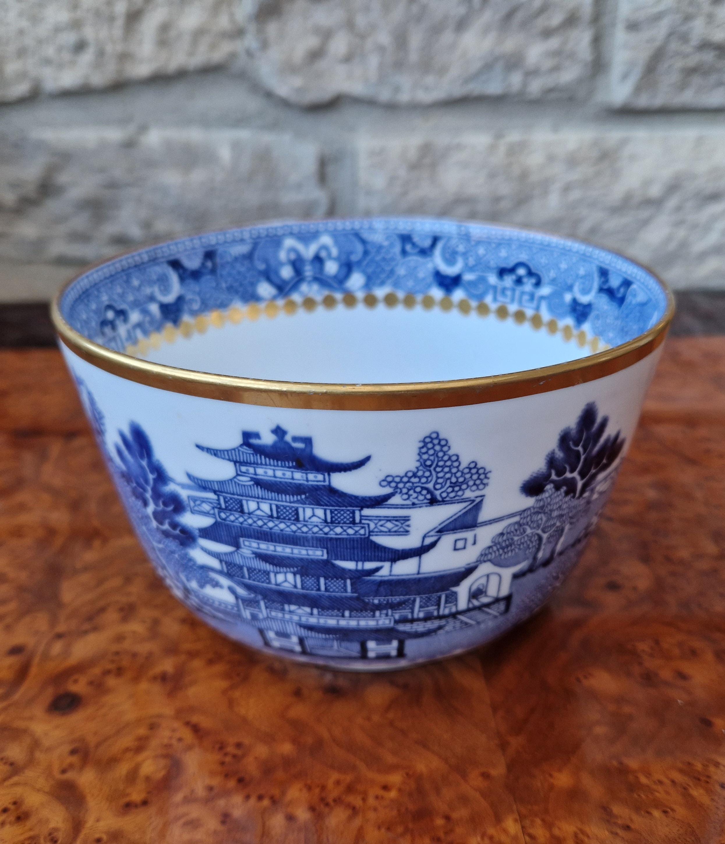 Davenport Longport England Blue & White Gilt Two Temples Porcelain Slop Bowl c.1870-1886