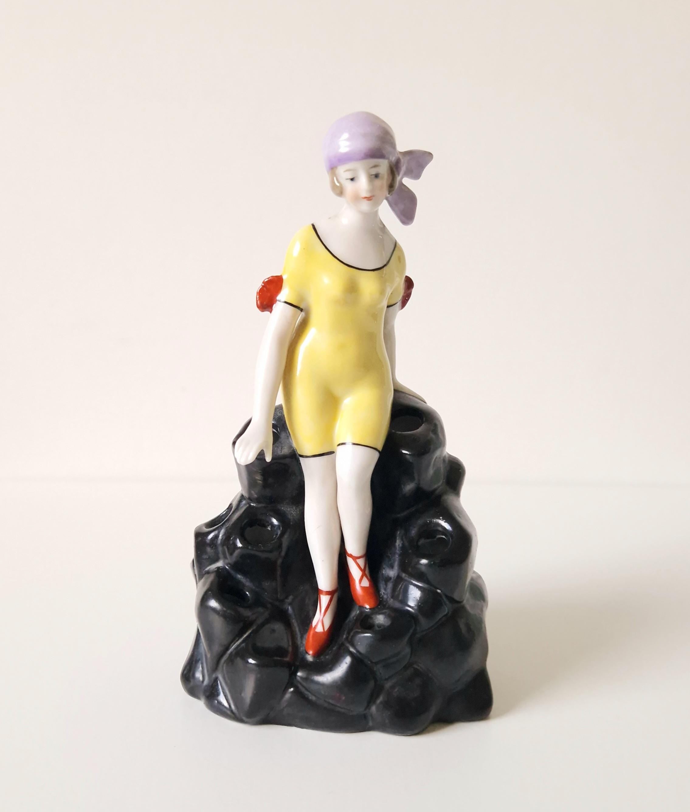 Art Deco Flapper Girl Ceramic Ornament: 1920s Bathing Beauty Hat Pin Holder