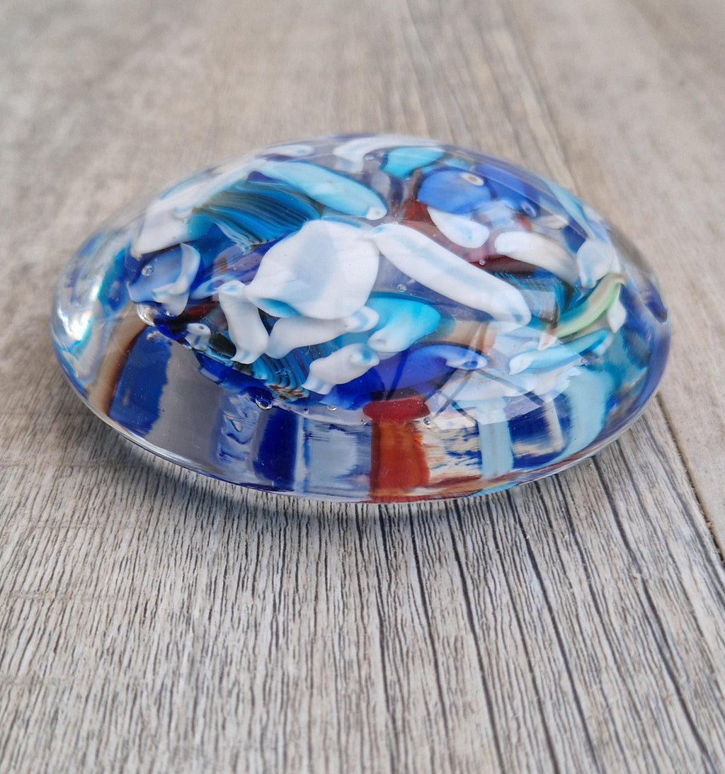 Large Murano Art Glass Stretched Blue Cane Disc Paperweight