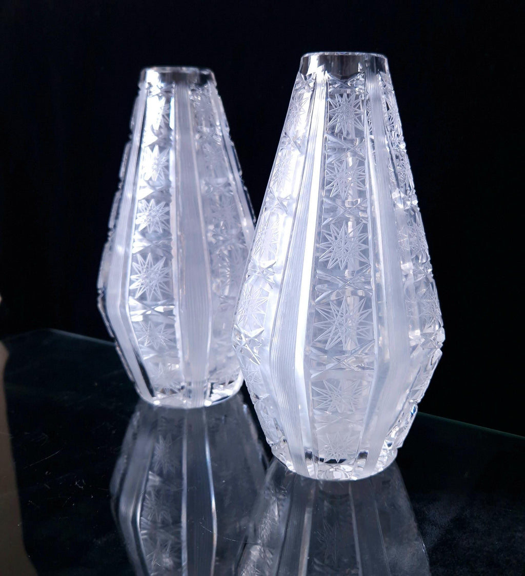 Antique Bohemian Crystal Vases: Queen Anne Lace Cut, Pair