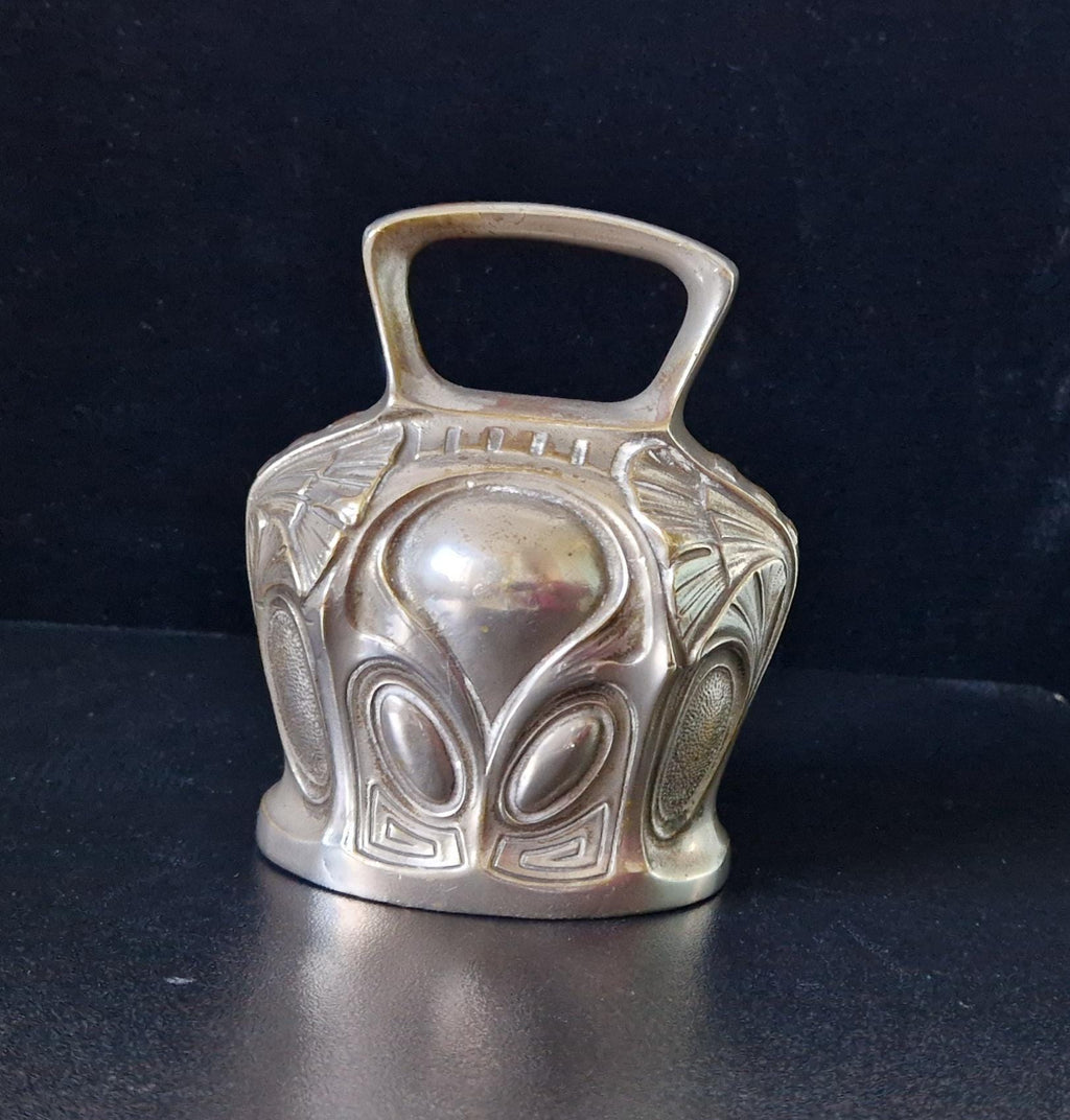 Antique Art Nouveau Silvered Bronze Large Ornate Decorated Table Bell