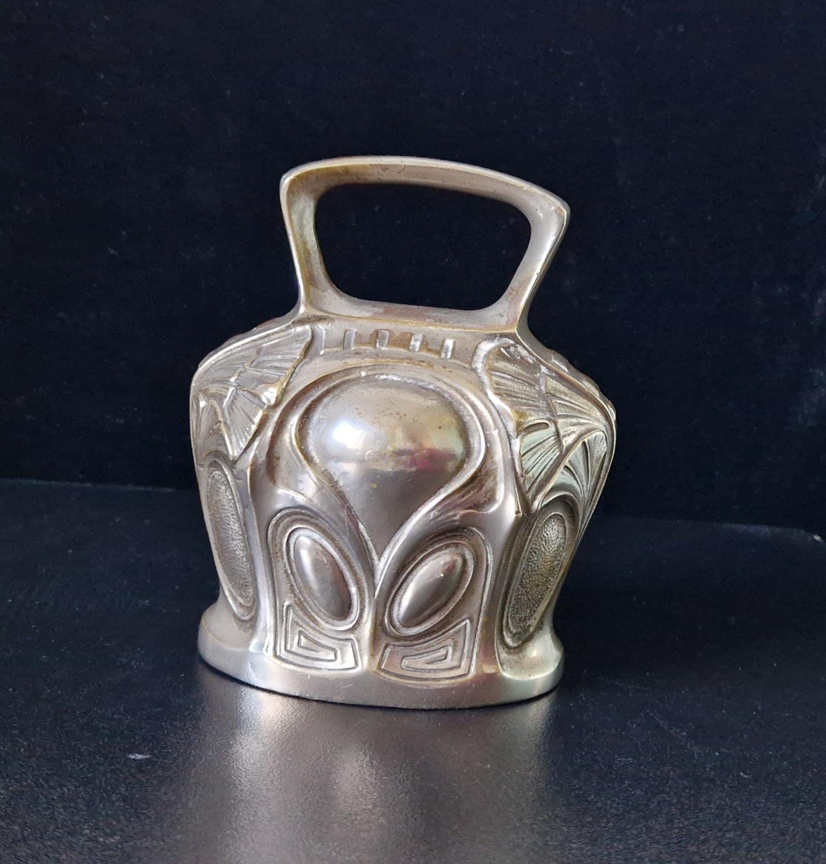 Antique Art Nouveau Silvered Bronze Large Ornate Decorated Table Bell