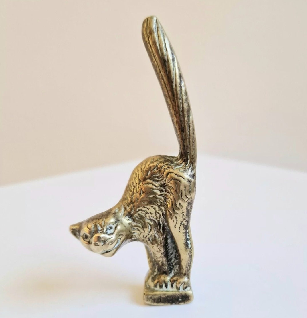 Small Heavy Solid Cast Brass Witch's Standing Cat Figure Ornament 8.5cm Possibly Pipe Tamper