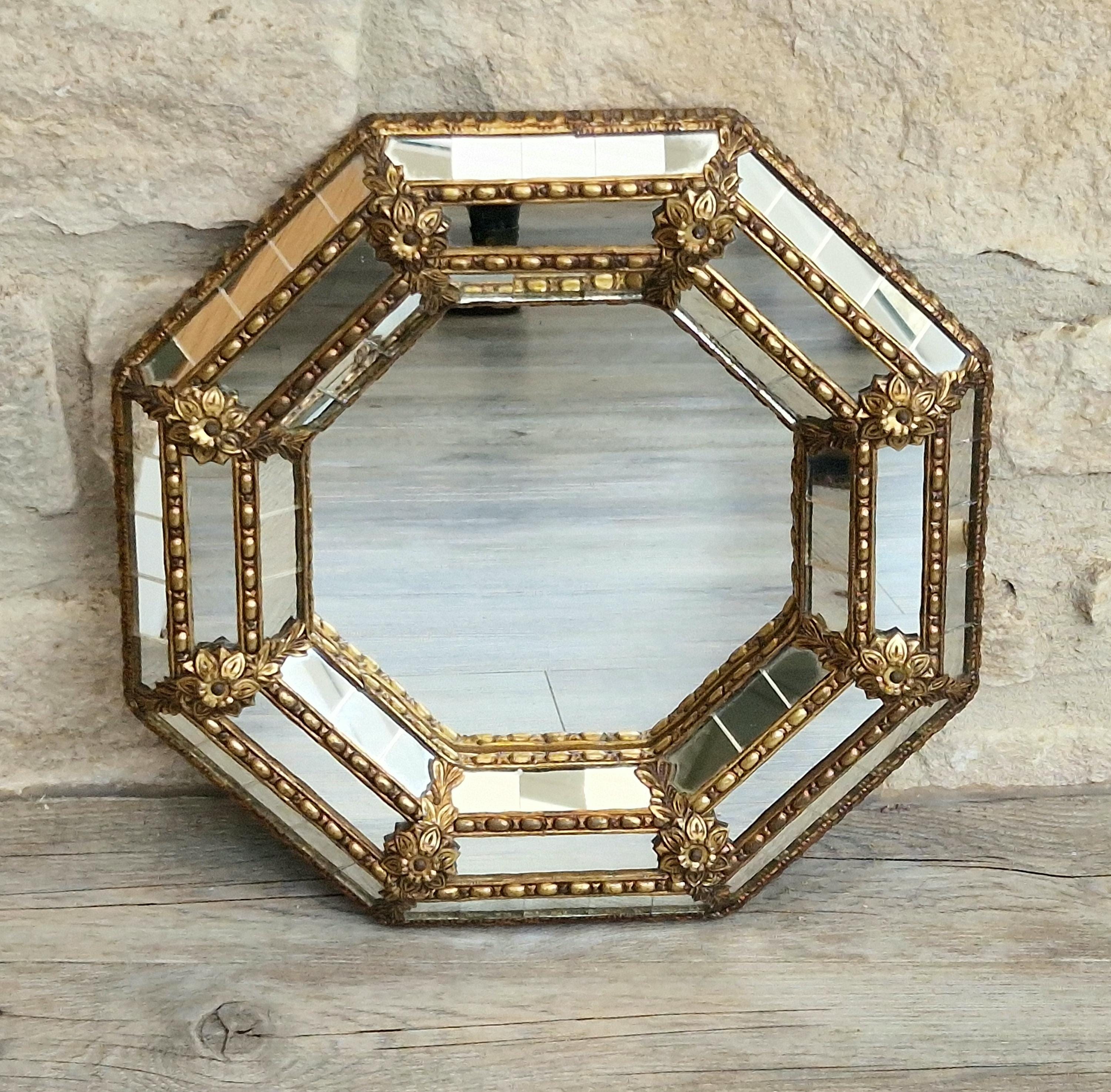 Vintage Small Octagonal Venetian Mirror Hollywood Regency Brass Floral Accents 29.5cm Italy 1970s