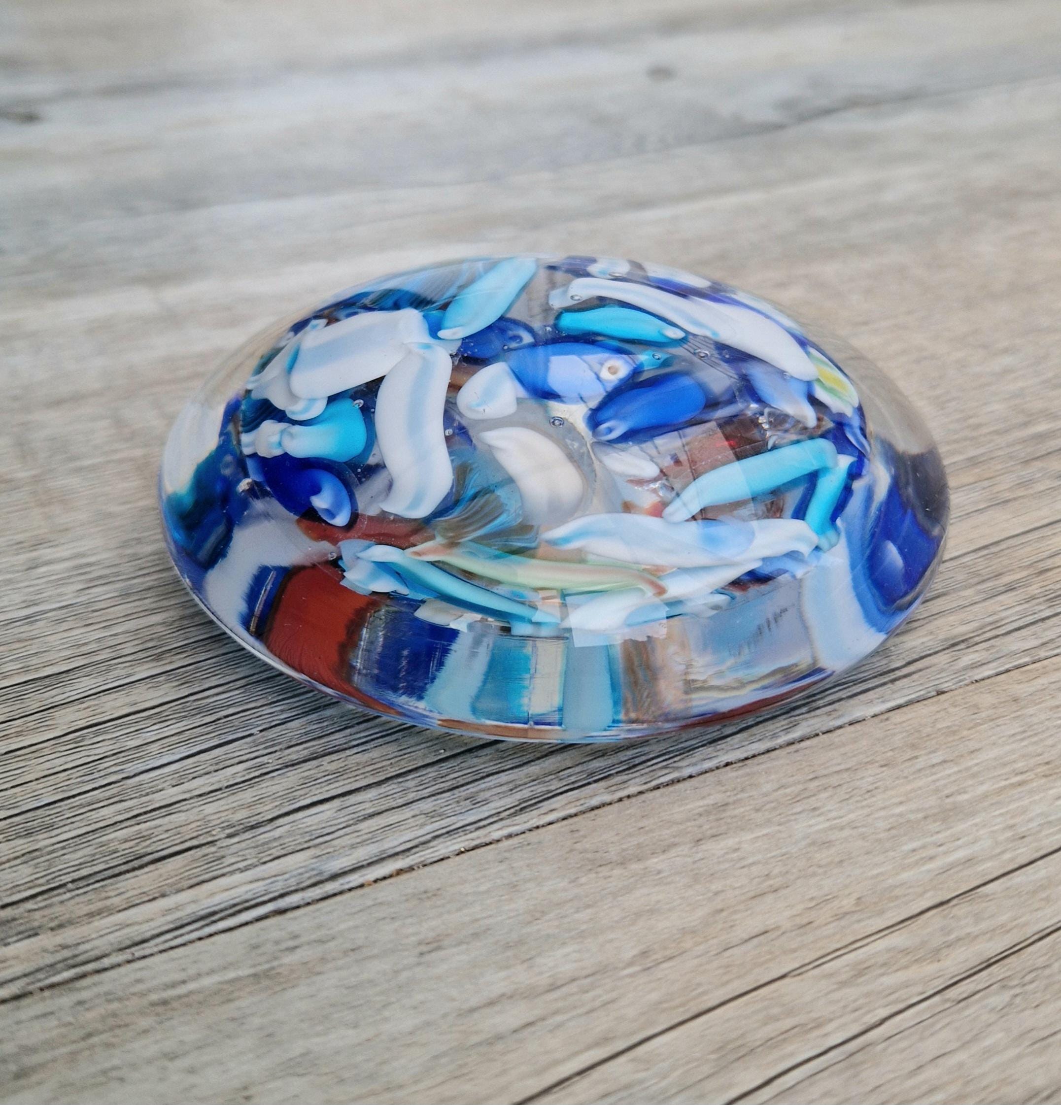 Large Murano Art Glass Stretched Blue Cane Disc Paperweight