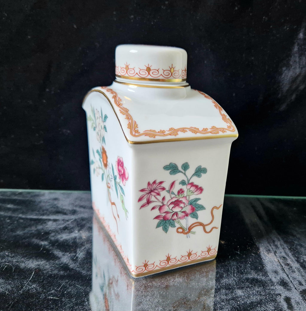 Vintage Vista Alegre Ceramic Tea Caddy Lidded Jar Floral Pattern With Gold Detail
