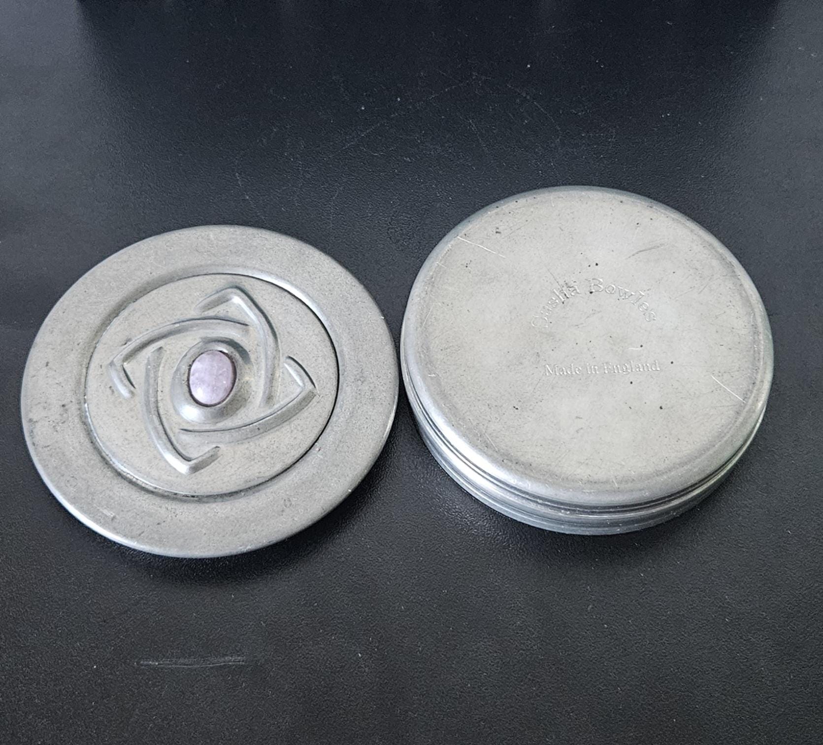 Pewter Art Nouveau Style Trinket Pot Sasha Bowles England signed .Trinket Pot polished Gemstone Inlay