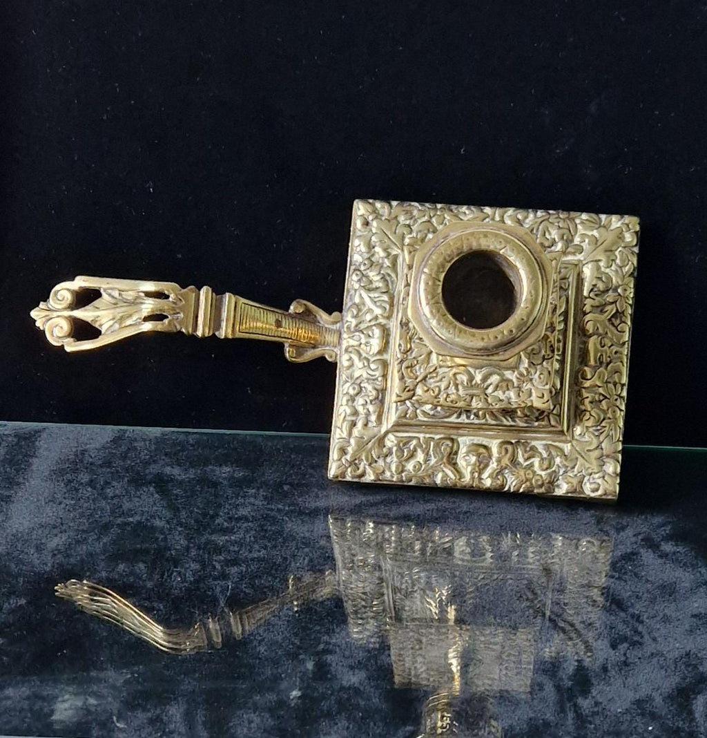 Fine French Antique Rococo Solid Brass Square Tiered Footed Chamberstick