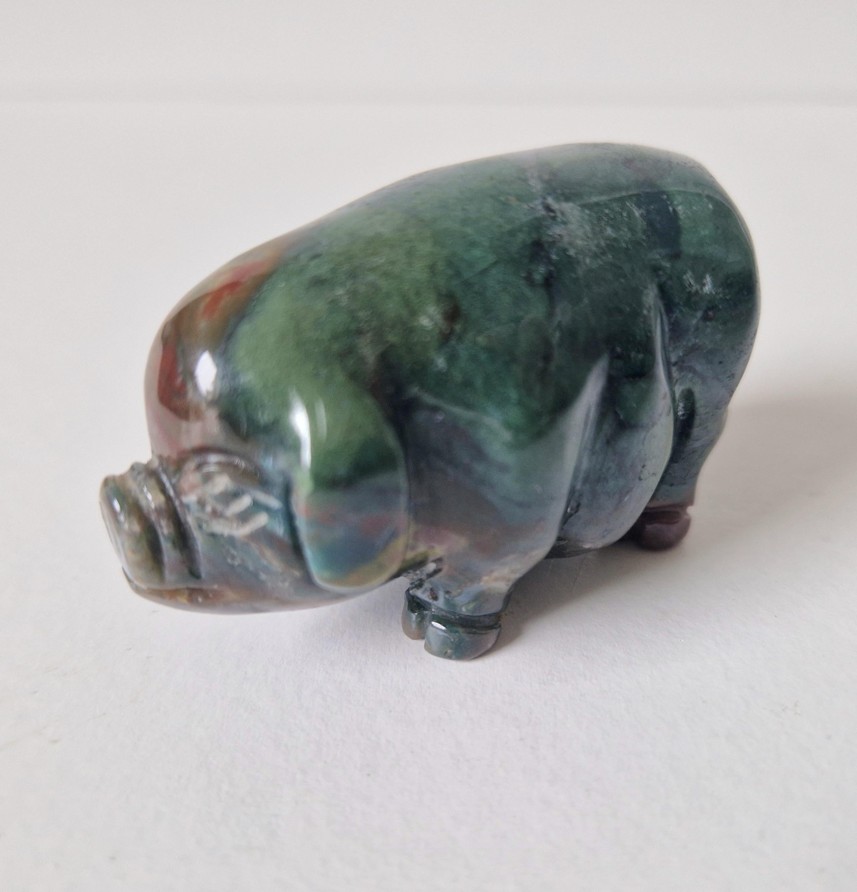 Vintage Fine Carved Moss Agate Standing Pig Figure Ornament 6.3cm