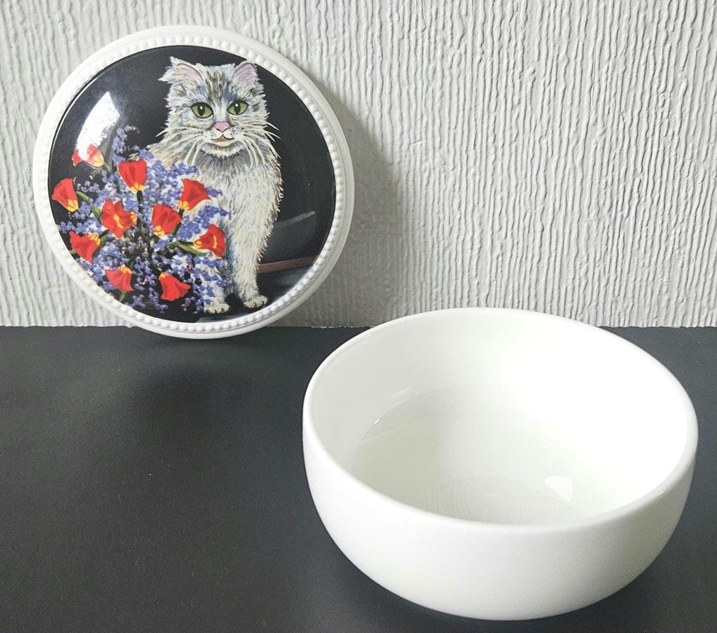 Vintage Villeroy Boch Cat Trinket Pot: Fluffy Grey Cat, Red Flowers