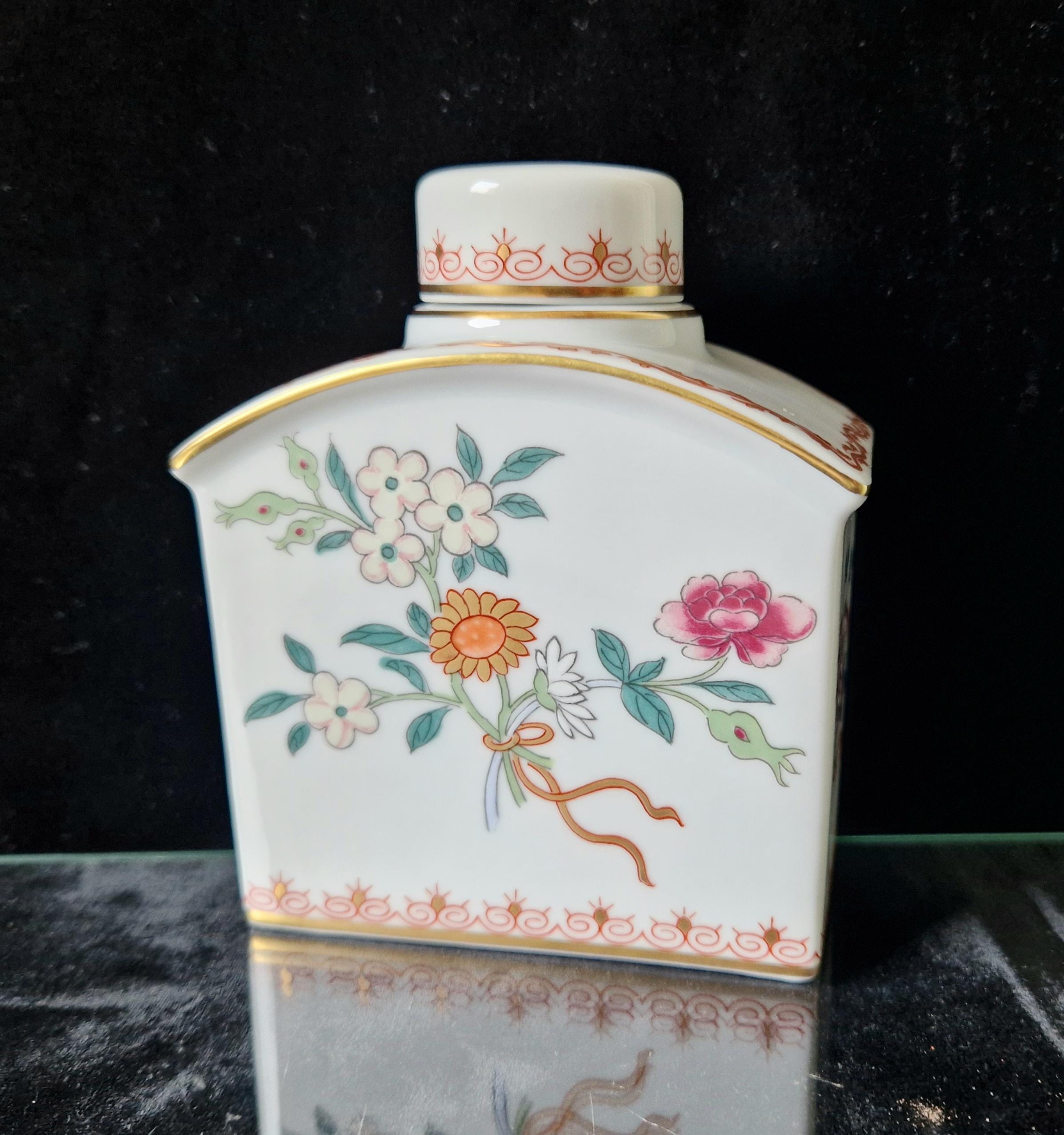 Vintage Vista Alegre Ceramic Tea Caddy Lidded Jar Floral Pattern With Gold Detail