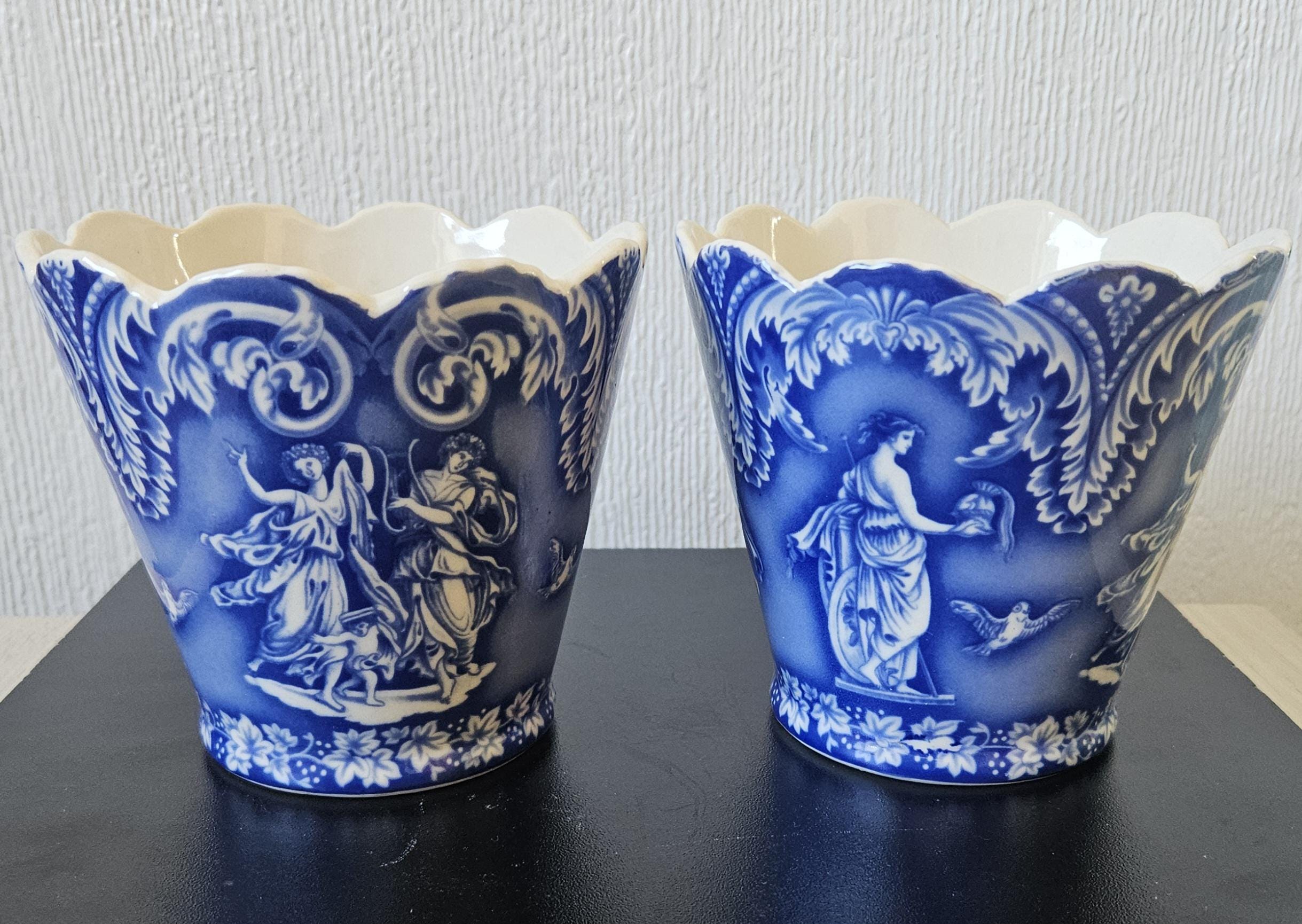 Vintage Staffordshire Pottery Planters: Blue & White Neoclassical Scalloped Edge