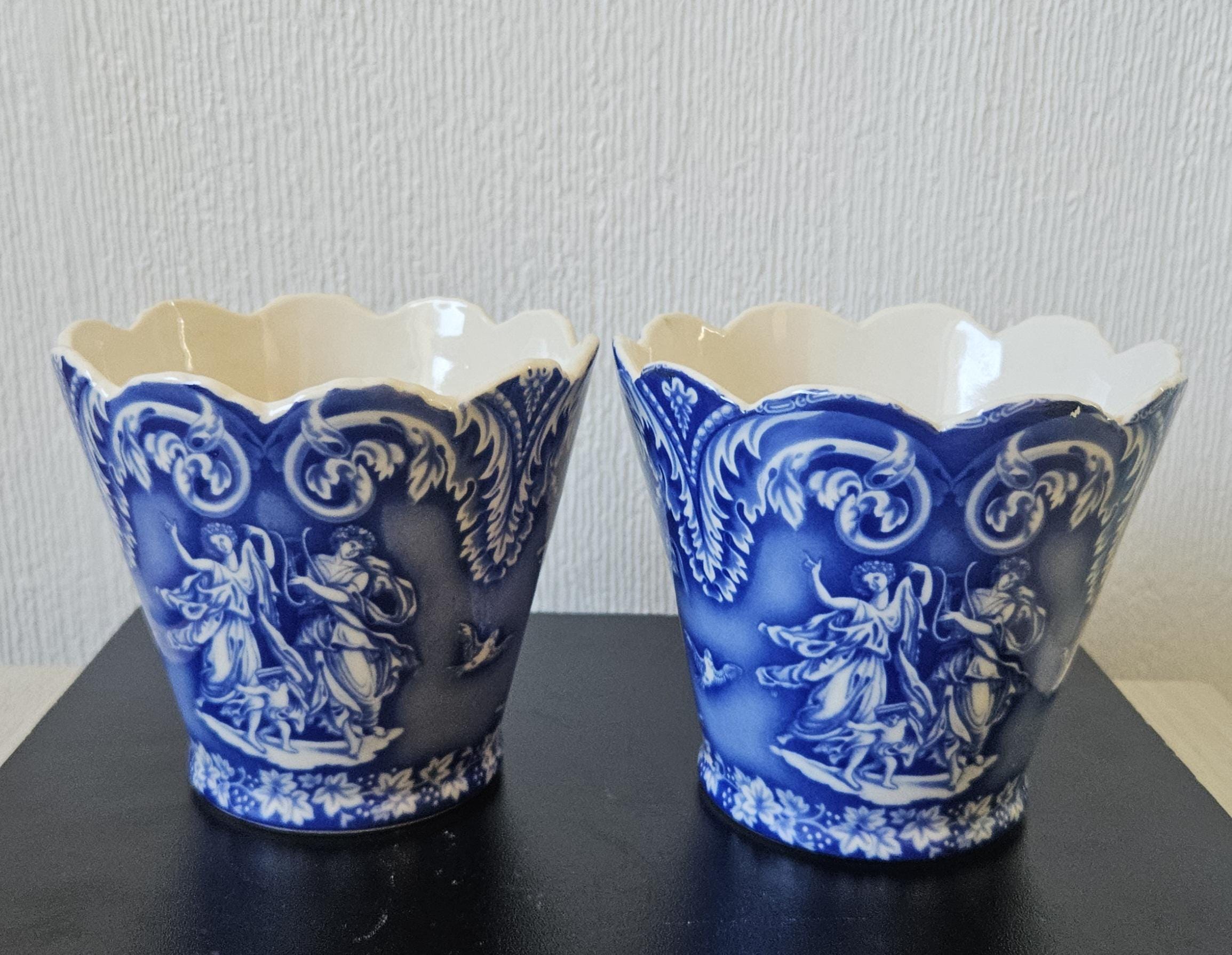 Vintage Staffordshire Pottery Planters: Blue & White Neoclassical Scalloped Edge