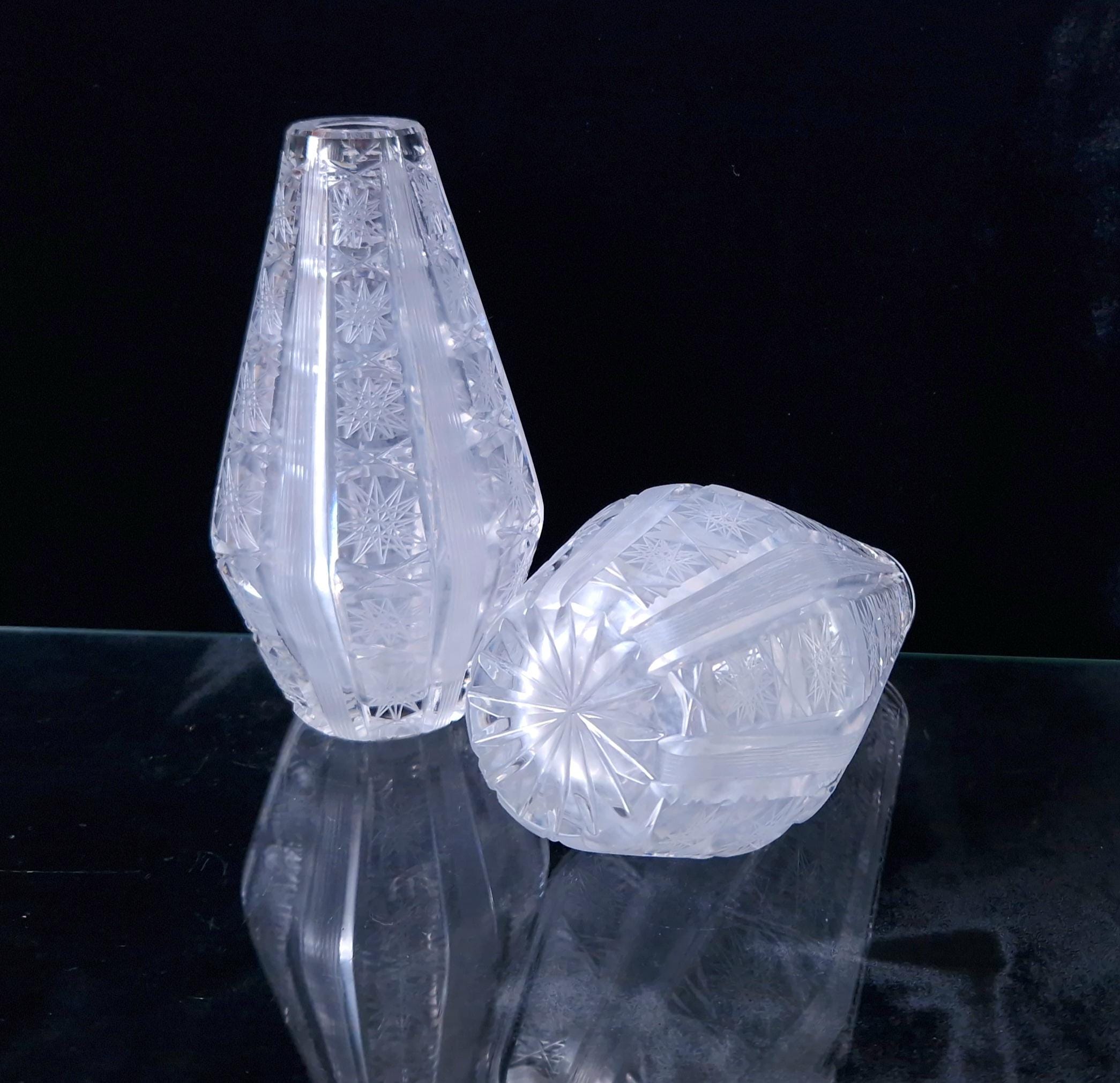 Antique Bohemian Crystal Vases: Queen Anne Lace Cut, Pair