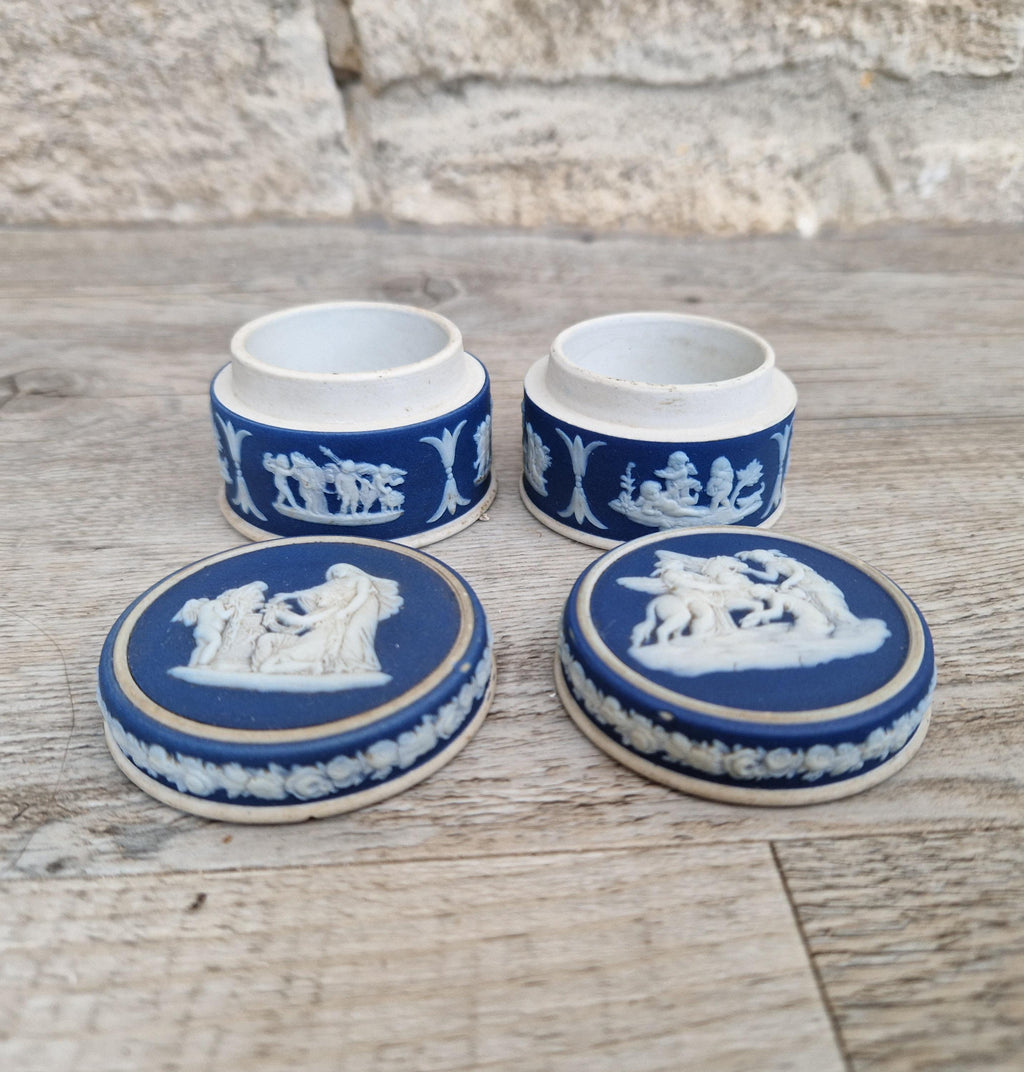 2 x Antique Wedgwood Neoclassical Dark Blue Jasperware Rouge Pot Patch Pot