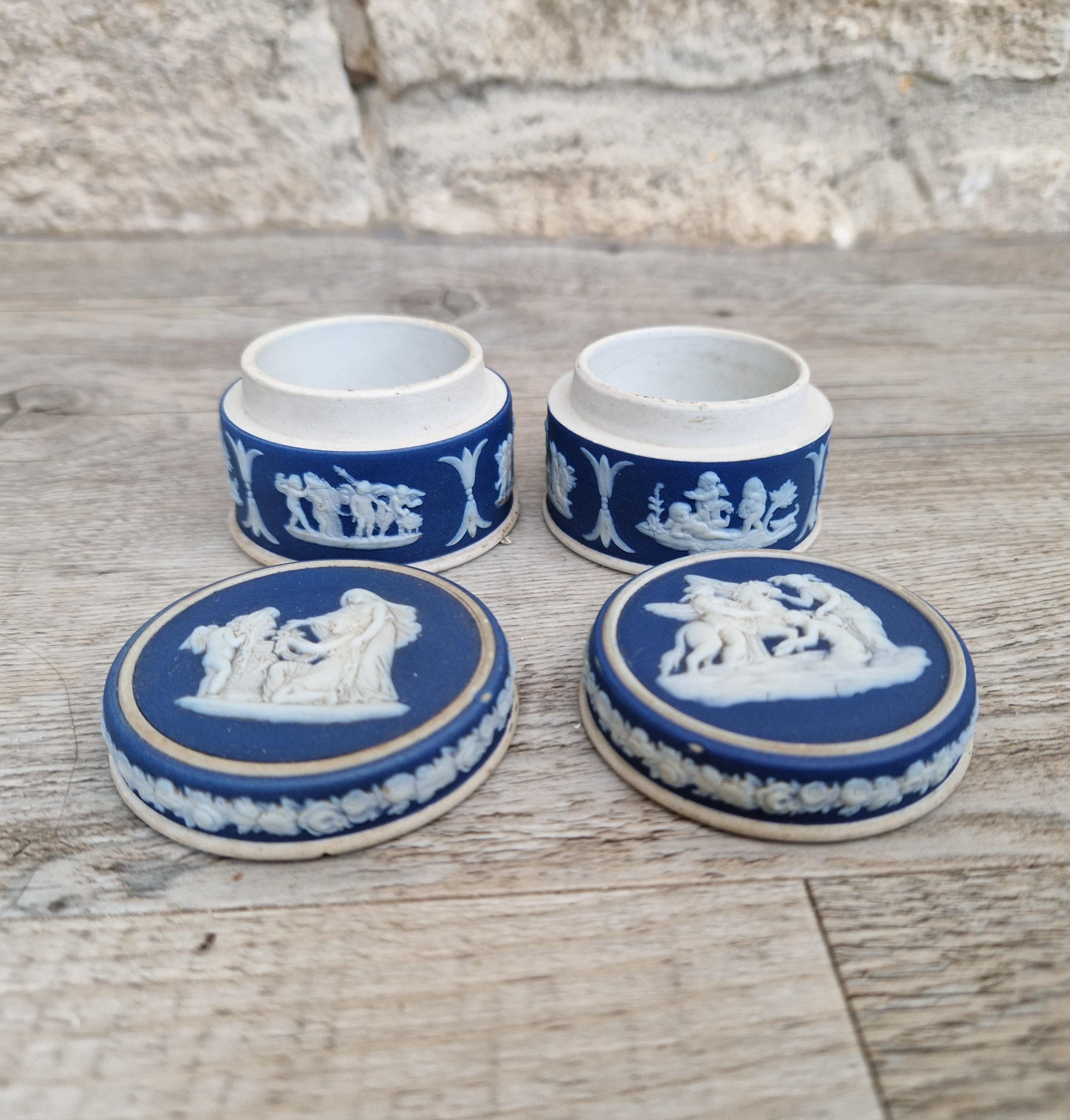 2 x Antique Wedgwood Neoclassical Dark Blue Jasperware Rouge Pot Patch Pot