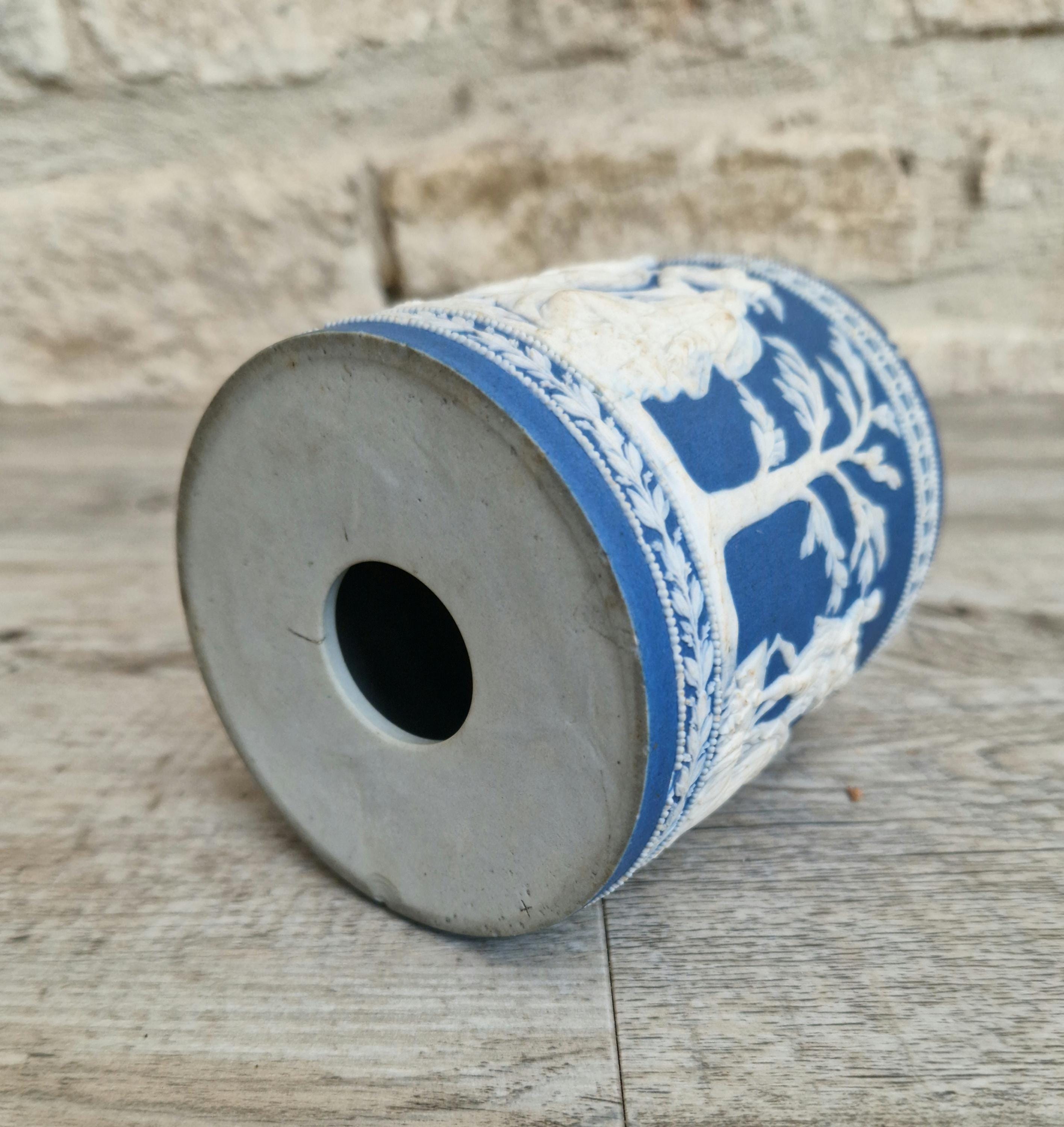 Antique Late 18th-Early 19th C. William Adams Jasperware Neoclassical Blue Sprigged Drum Vase Base