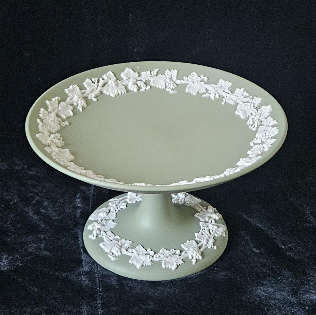 Vintage Wedgwood Sage Green Jasperware Pedestal Compote - Made in England