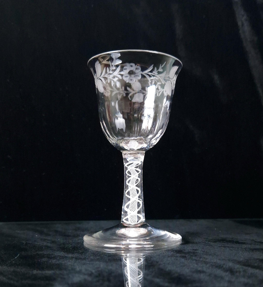 18th Century Jacobite Engraved Flute Moulded Double Series Airtwist Stem Cordial Liquor Glass