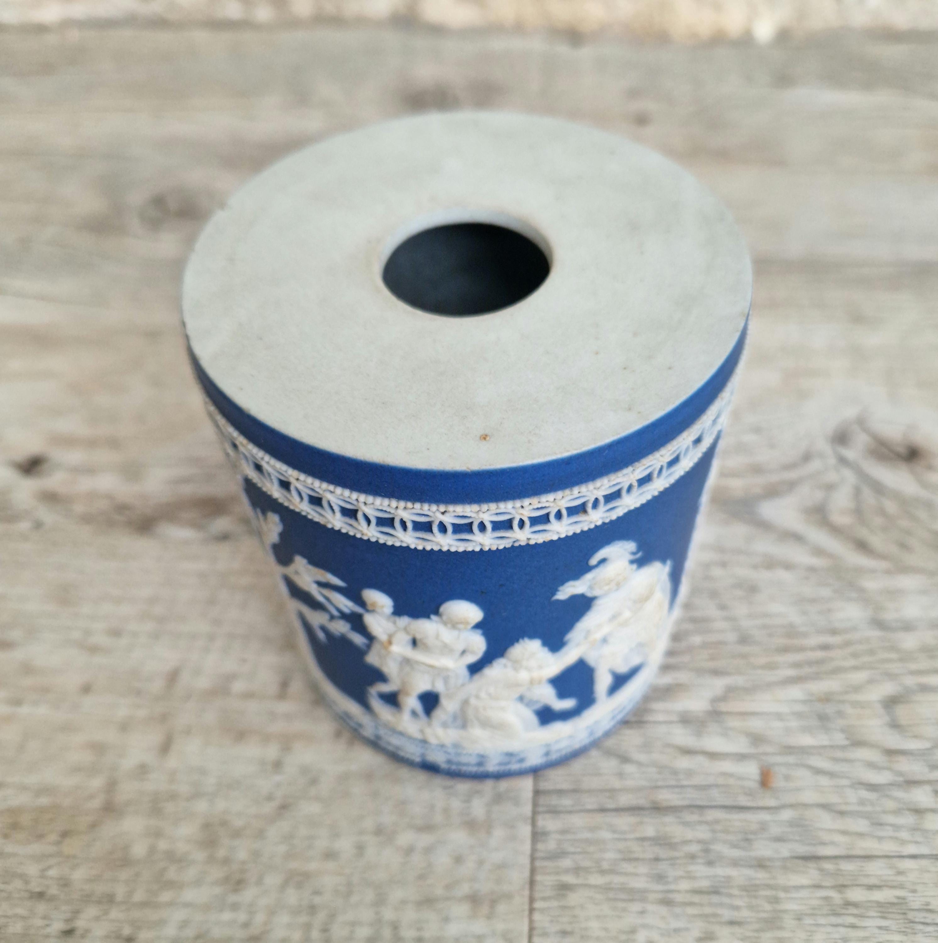 Antique Late 18th-Early 19th C. William Adams Jasperware Neoclassical Blue Sprigged Drum Vase Base