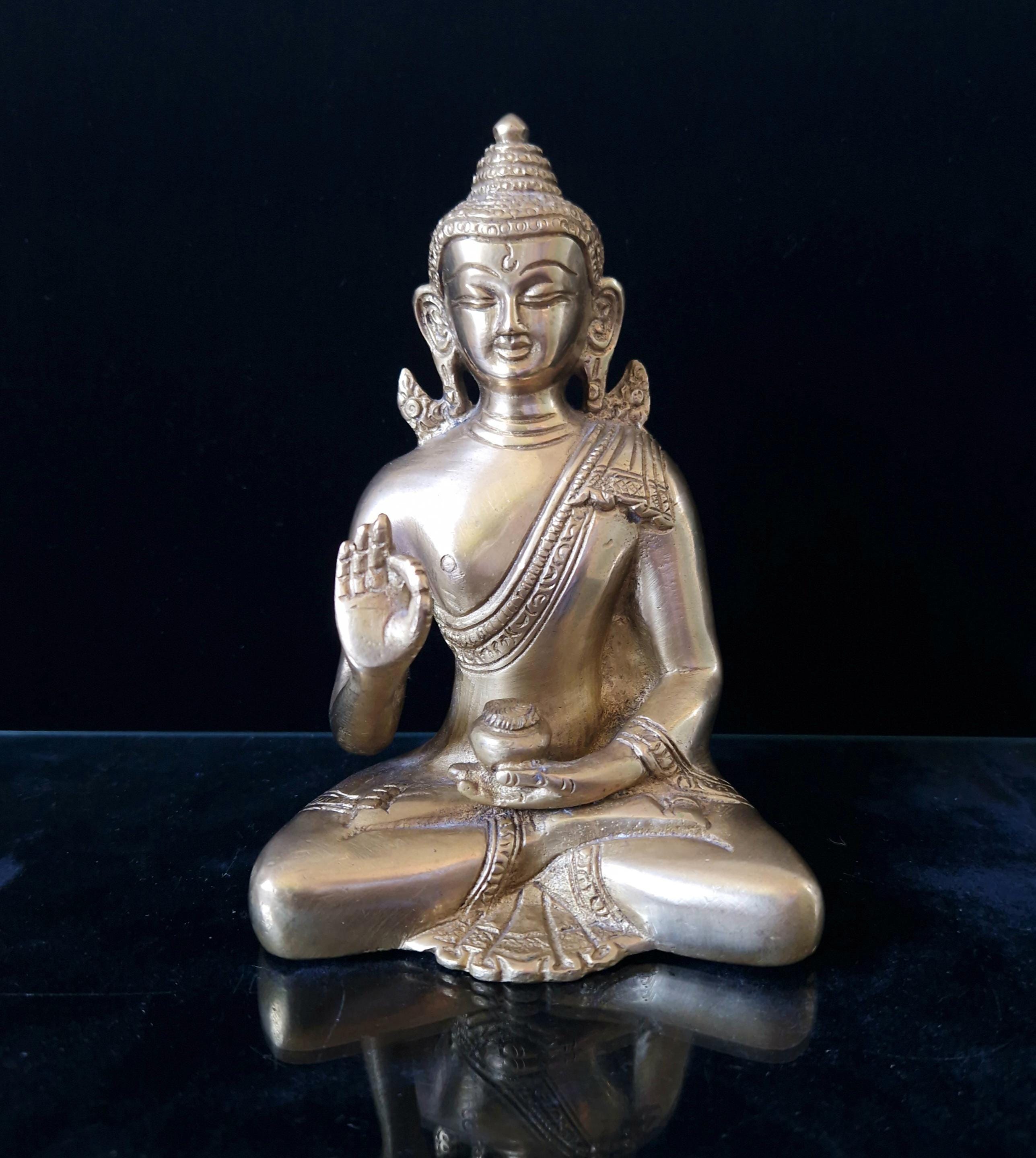 Vintage Heavy Cast Brass Seated Meditating Buddha Figure Vitarka Mudra Pose 6 inches