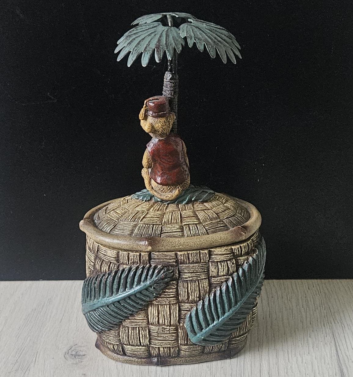 Vintage Novelty Monkey in Fez on Palm Tree Resin Trinket Pot .1980s Heavy Resin Decorative Monkey Lidded Trinket Pot 20cm Tall 916 Grams