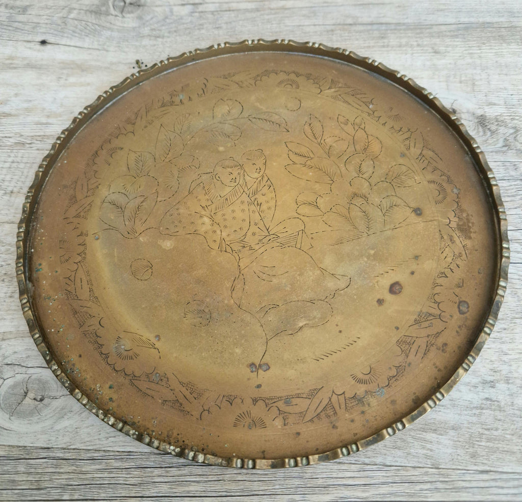 Antique Chinese Engraved Brass Round Opium Tray c1900 27.5cm
