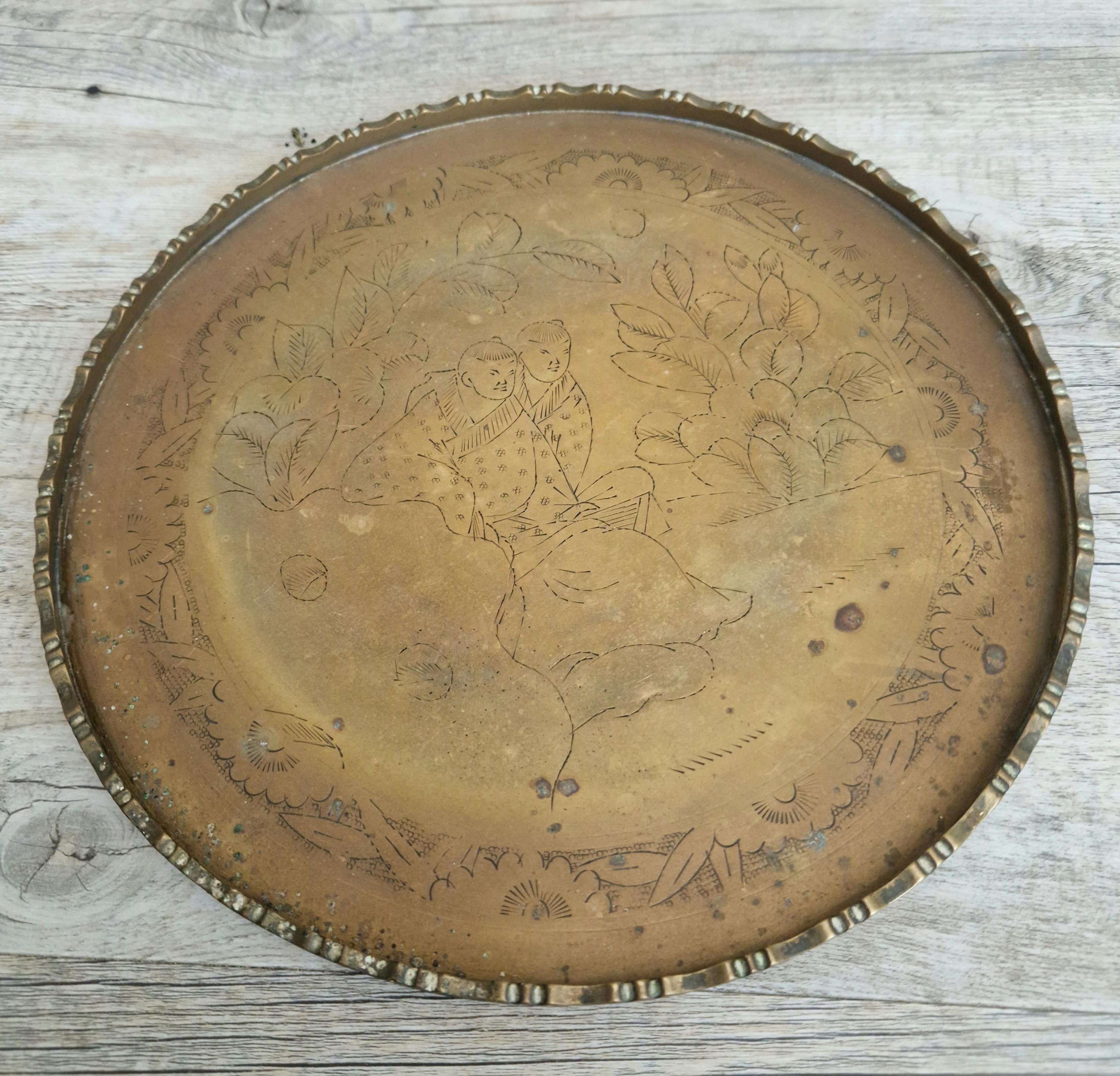 Antique Chinese Engraved Brass Round Opium Tray c1900 27.5cm