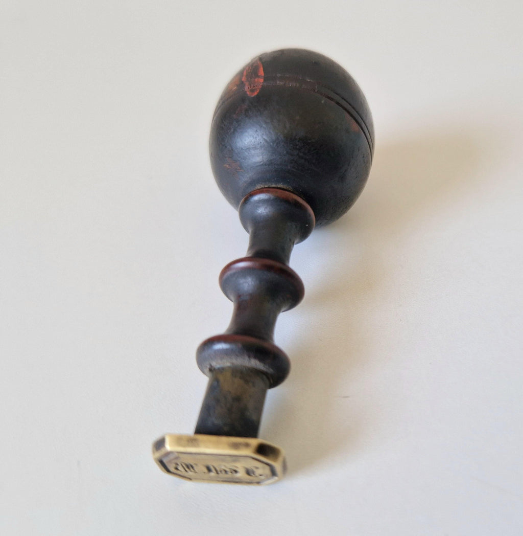 Antique Georgian Turned Fruitwood Treen & Brass Wax Seal Stamp Initials 'JWB'