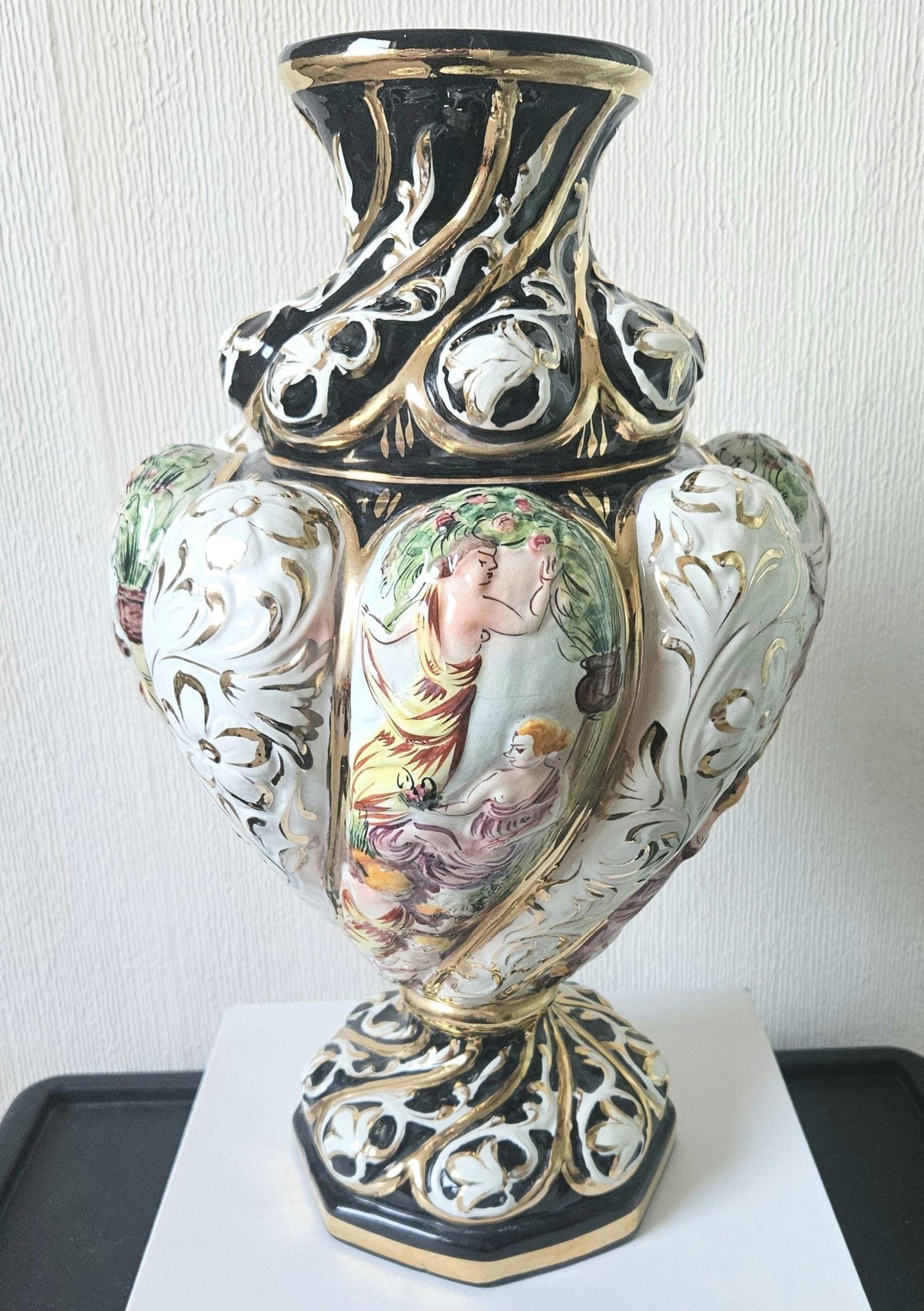 Vintage Italian Majolica Vase: Large Handpainted Figural Ceramic, 40cm Tall