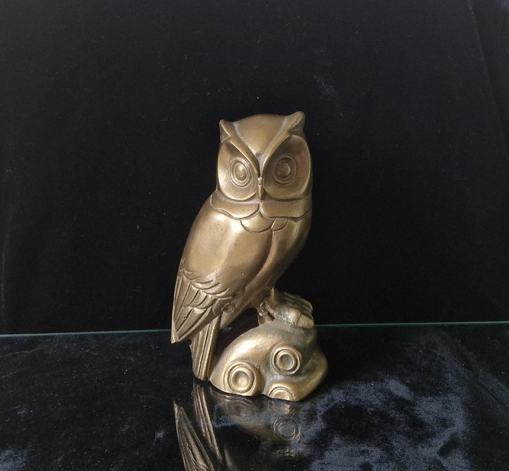 Vintage Heavy Mcm Cast Brass Owl Figure Ornament Scandi Style 16cm Tall Unpolished