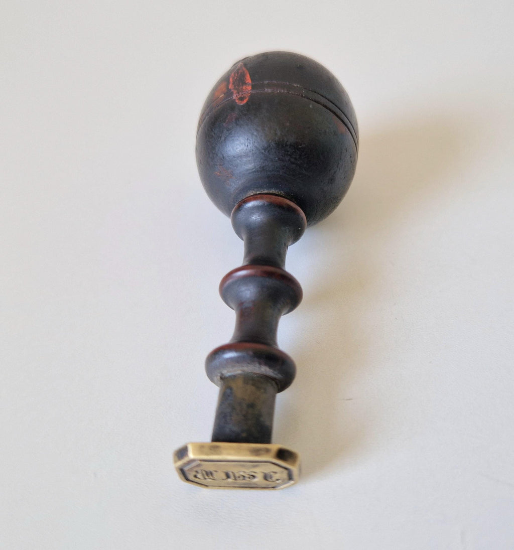 Antique Georgian Turned Fruitwood Treen & Brass Wax Seal Stamp Initials 'JWB'