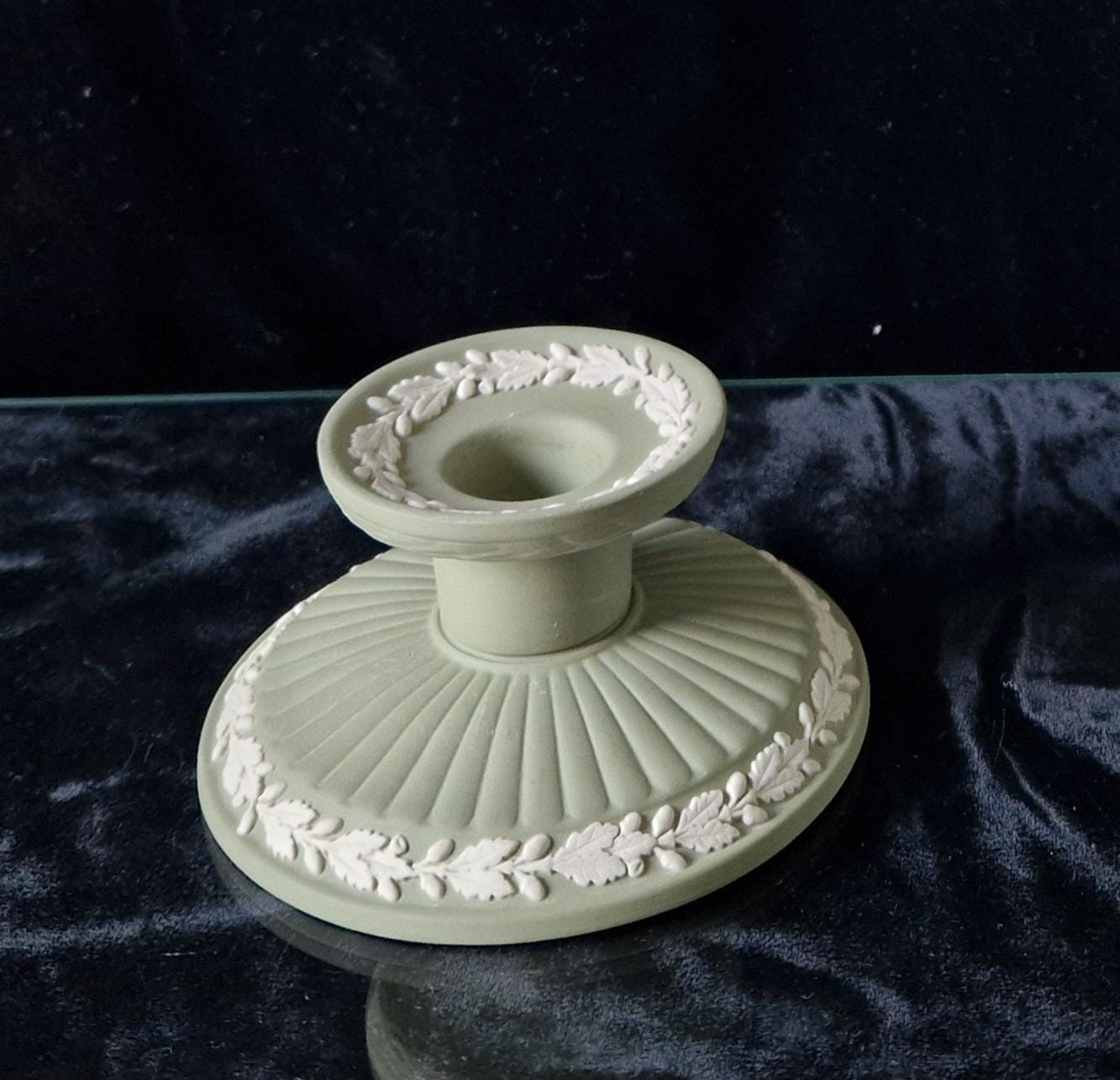 Vintage Wedgwood Sage Green Jasperware Neo Classical Candlestick Trinket Jar Set.