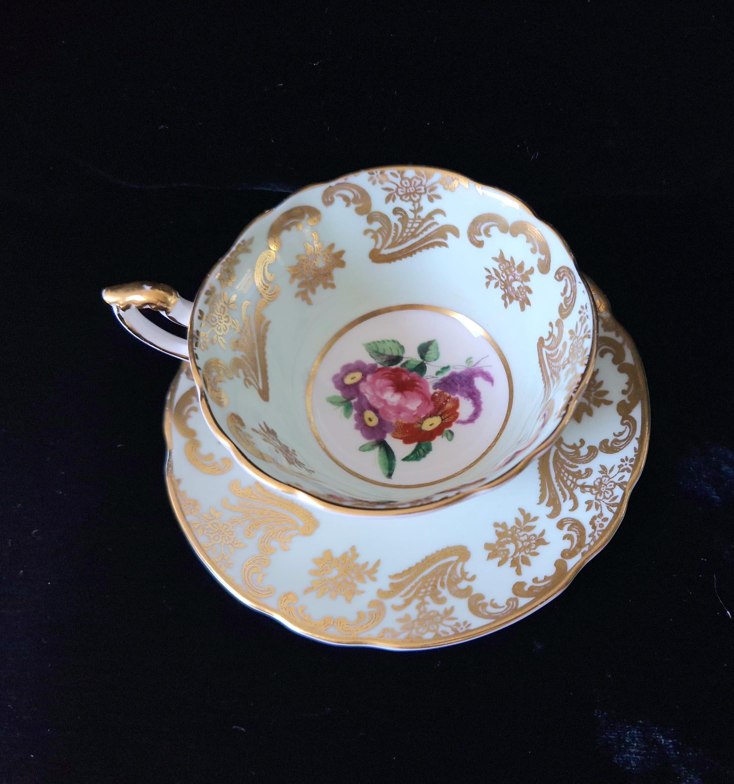 Paragon Mint Green Cabbage Rose Tea Cup & Saucer Set (4) Vintage Gold Gilt China