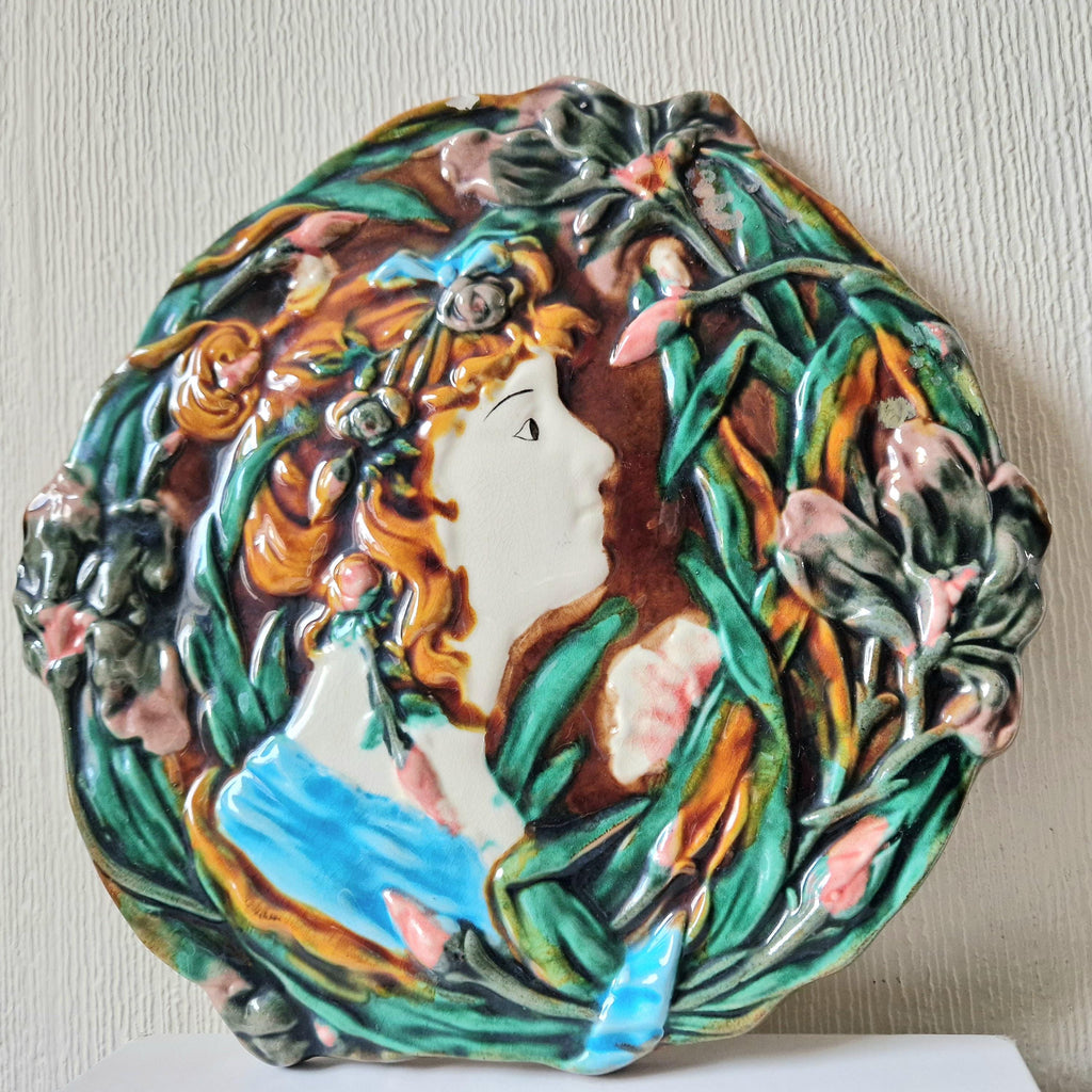 Antique Majolica Floral Blue Dress Lady Art Nouveau Handpainted Ceramic Wall Plaque Roundel