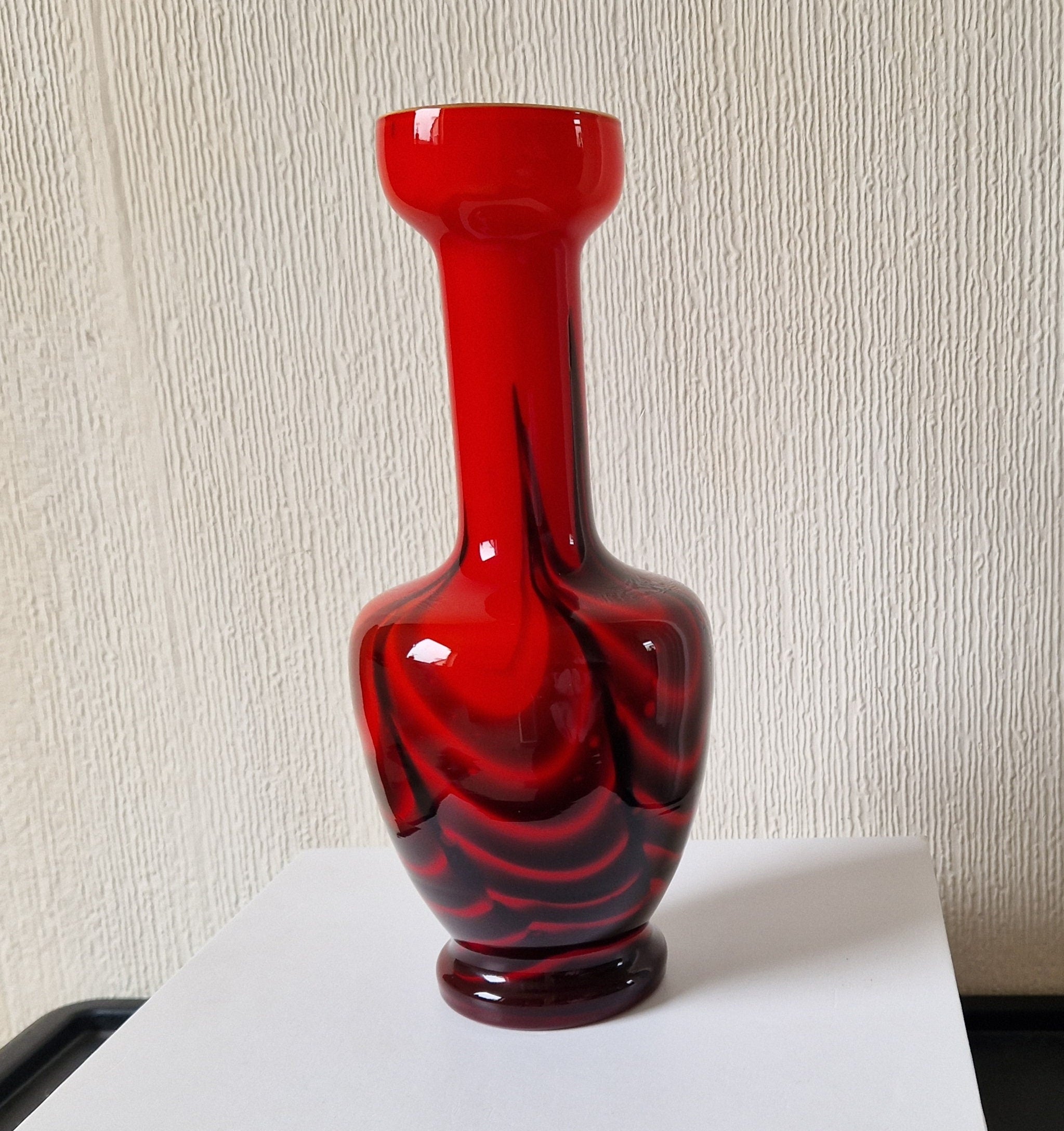 Vintage Striking Carlo Moretti Red & Black Opaline Glass Vase  Mid-Century Florence