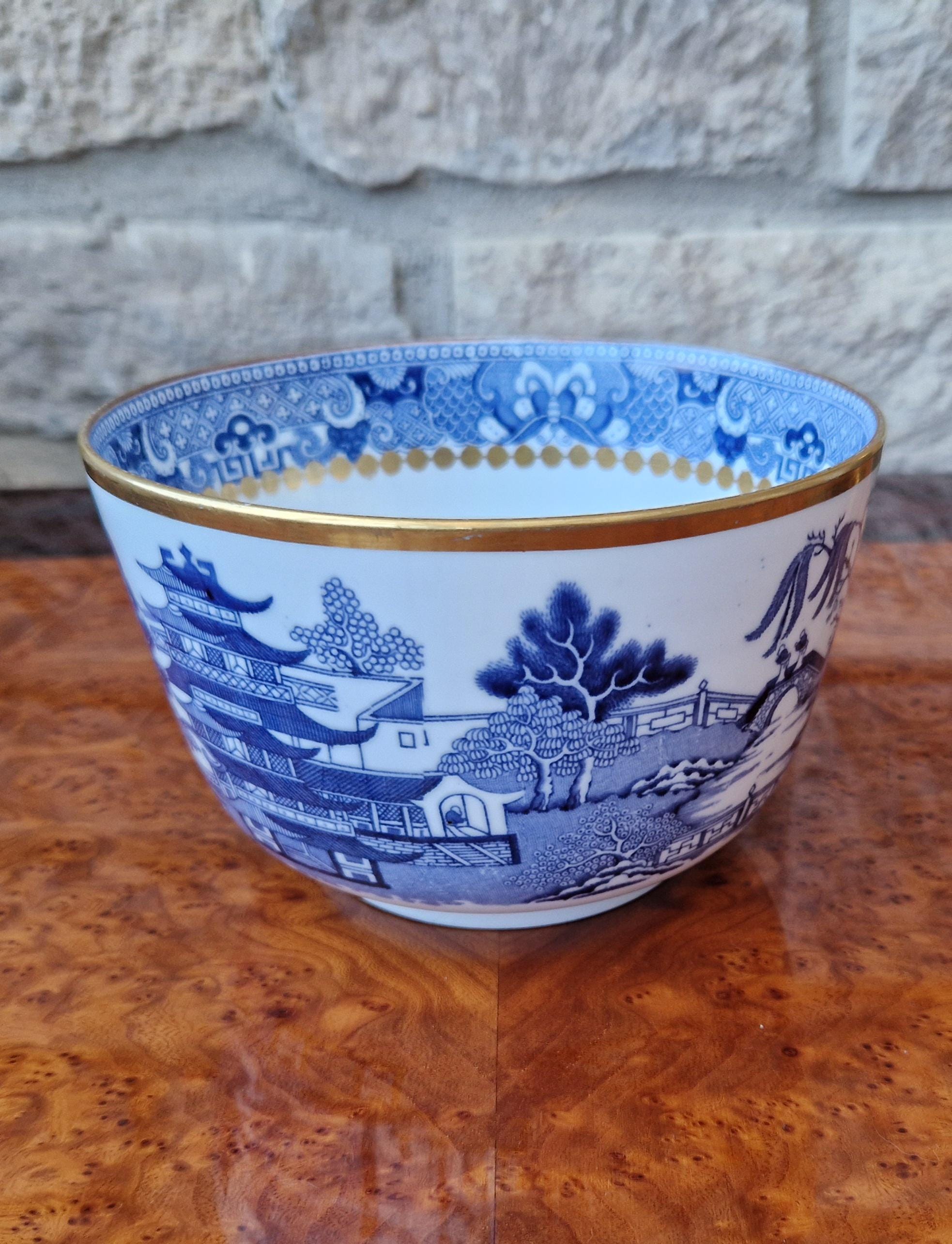 Davenport Longport England Blue & White Gilt Two Temples Porcelain Slop Bowl c.1870-1886