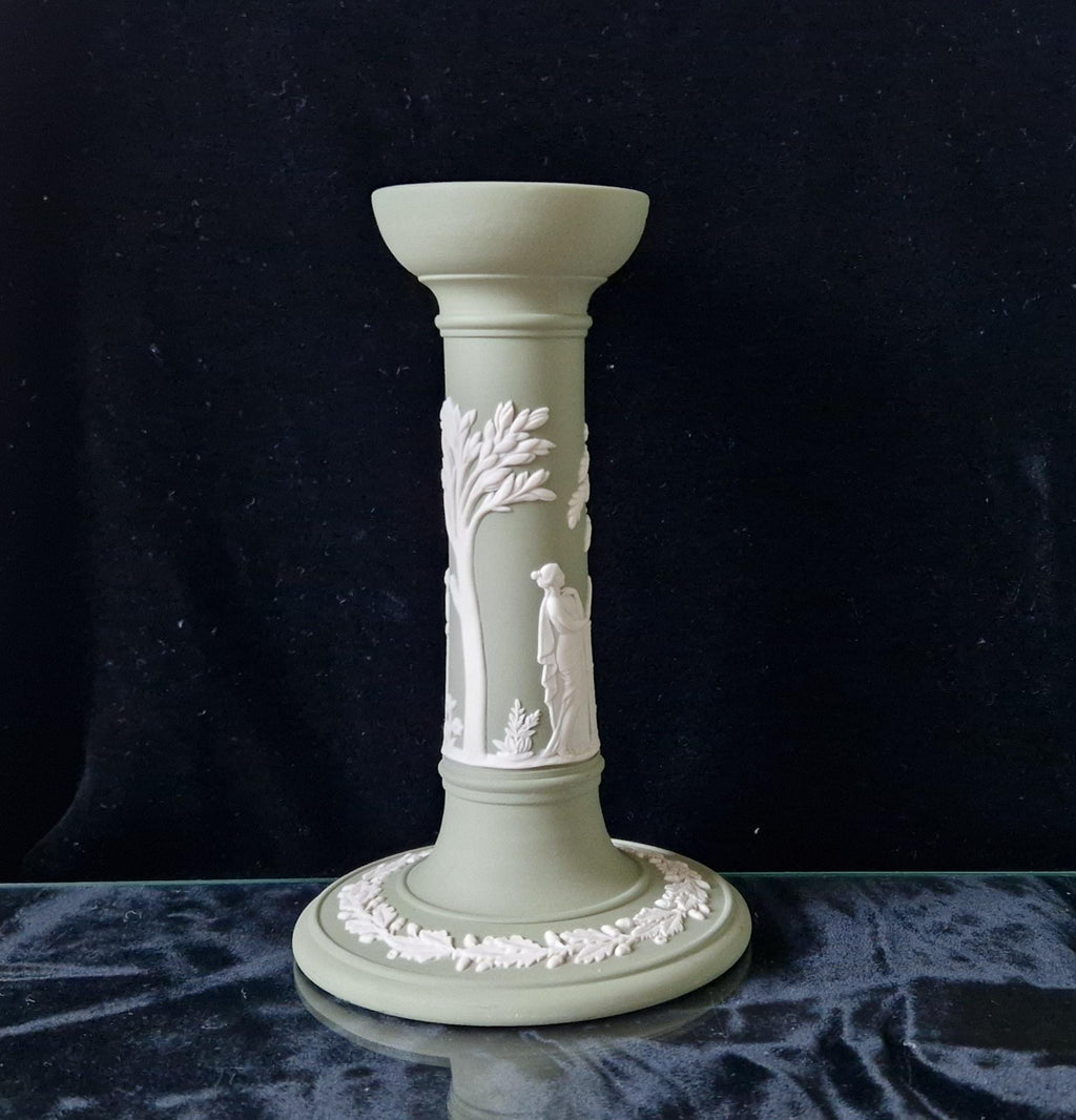 Vintage Wedgwood Sage Green Jasperware Neo Classical Candlestick Trinket Jar Set.