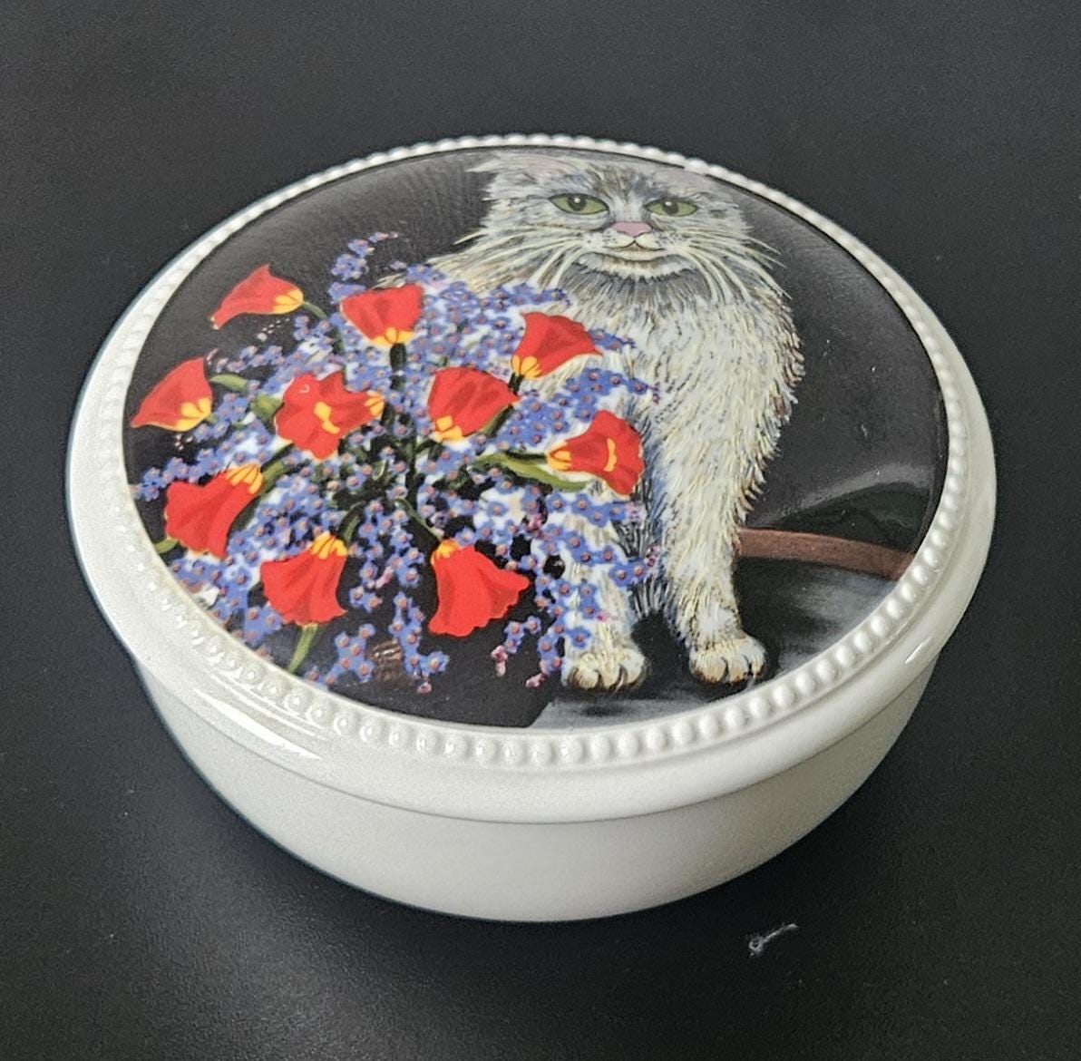 Vintage Villeroy Boch Cat Trinket Pot: Fluffy Grey Cat, Red Flowers