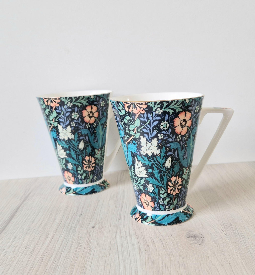 2 x Morris & Co Queens Compton Floral Art Deco Footed Bone China Coffee Mugs
