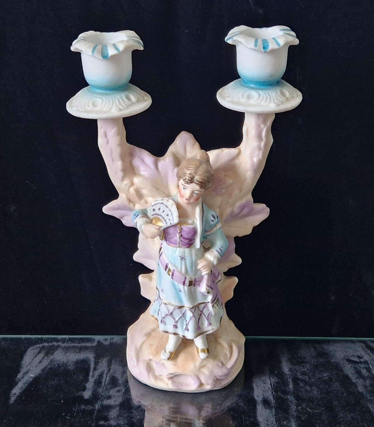 19th Century Continental Bisque Handpainted Fan Girl Figural 2 Candle Candelabra