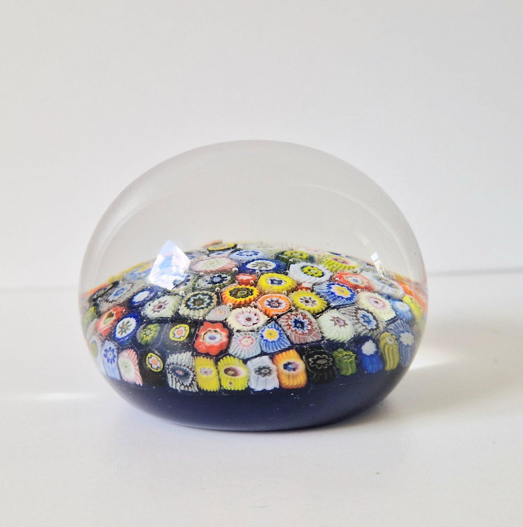 Vintage Strathearn Scottish Glass Millifiore Close Pack Blue Ground Paperweight 8cm