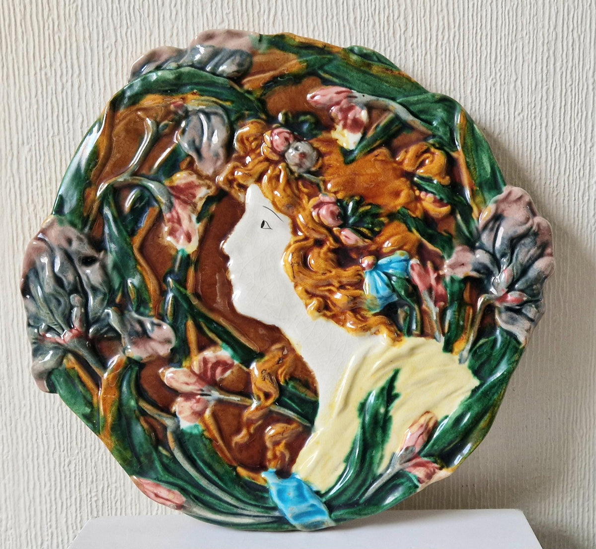 Antique Majolica Floral Yellow Dress Lady Handpainted Art Nouveau Ceramic Wall Plaque Roundel