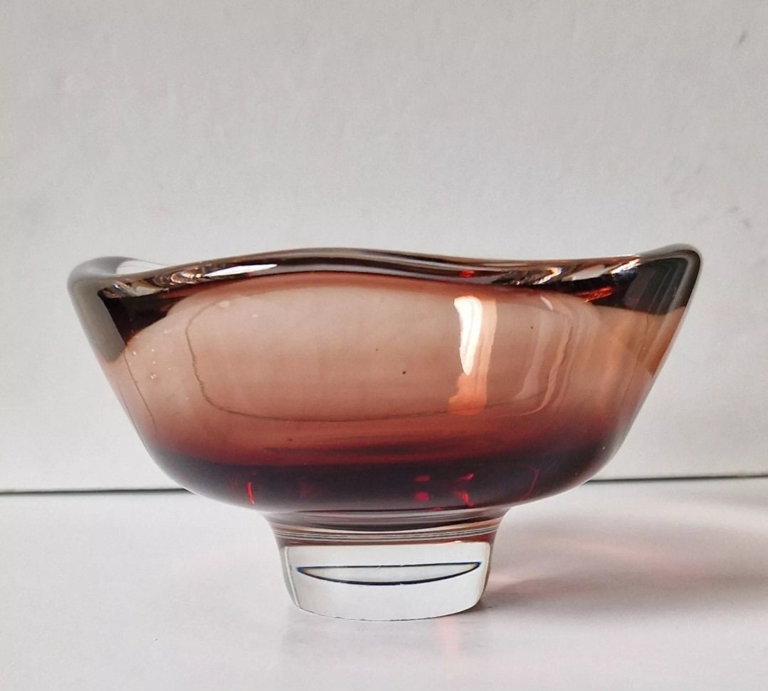Sven Palmqvist for Orrefors Glass Bowl Red Fade Cased Glass 1950's Footed Dish Rare