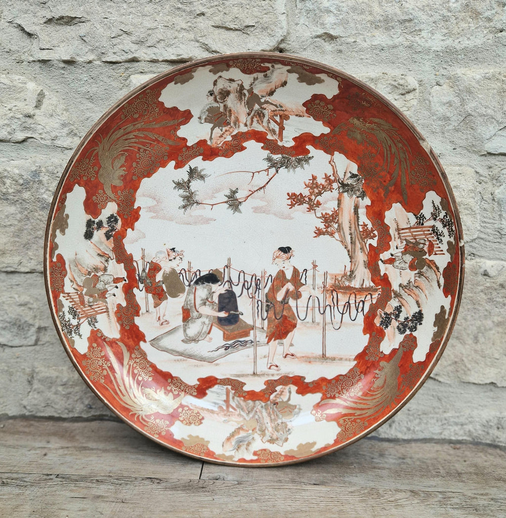 Antique Japanese Kutani Ware Meiji Period Porcelain Large Charger Iron Red Glaze With Gilt Accents 38cm