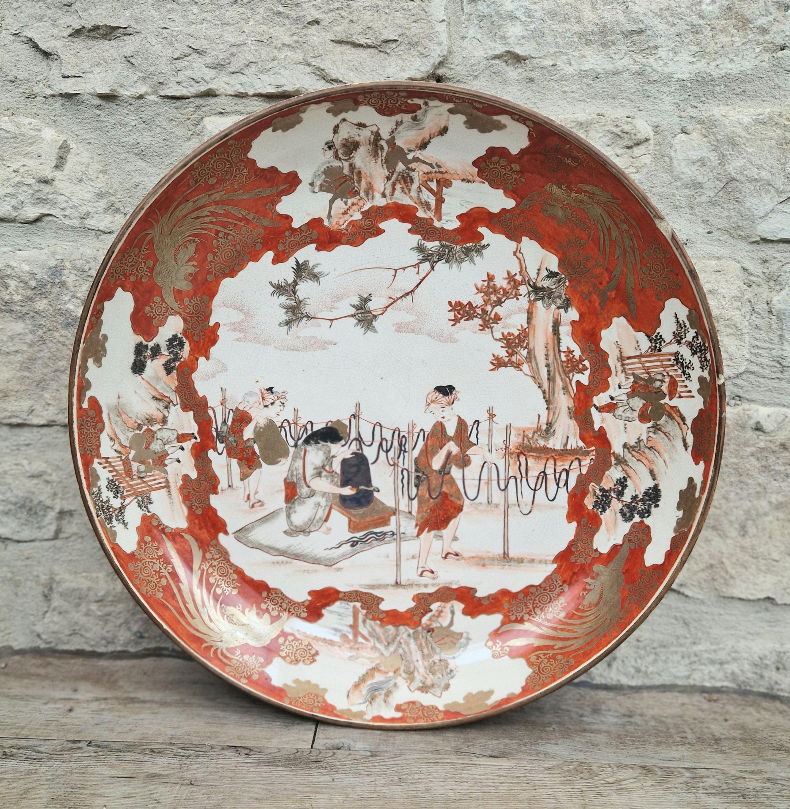Antique Japanese Kutani Ware Meiji Period Porcelain Large Charger Iron Red Glaze With Gilt Accents 38cm